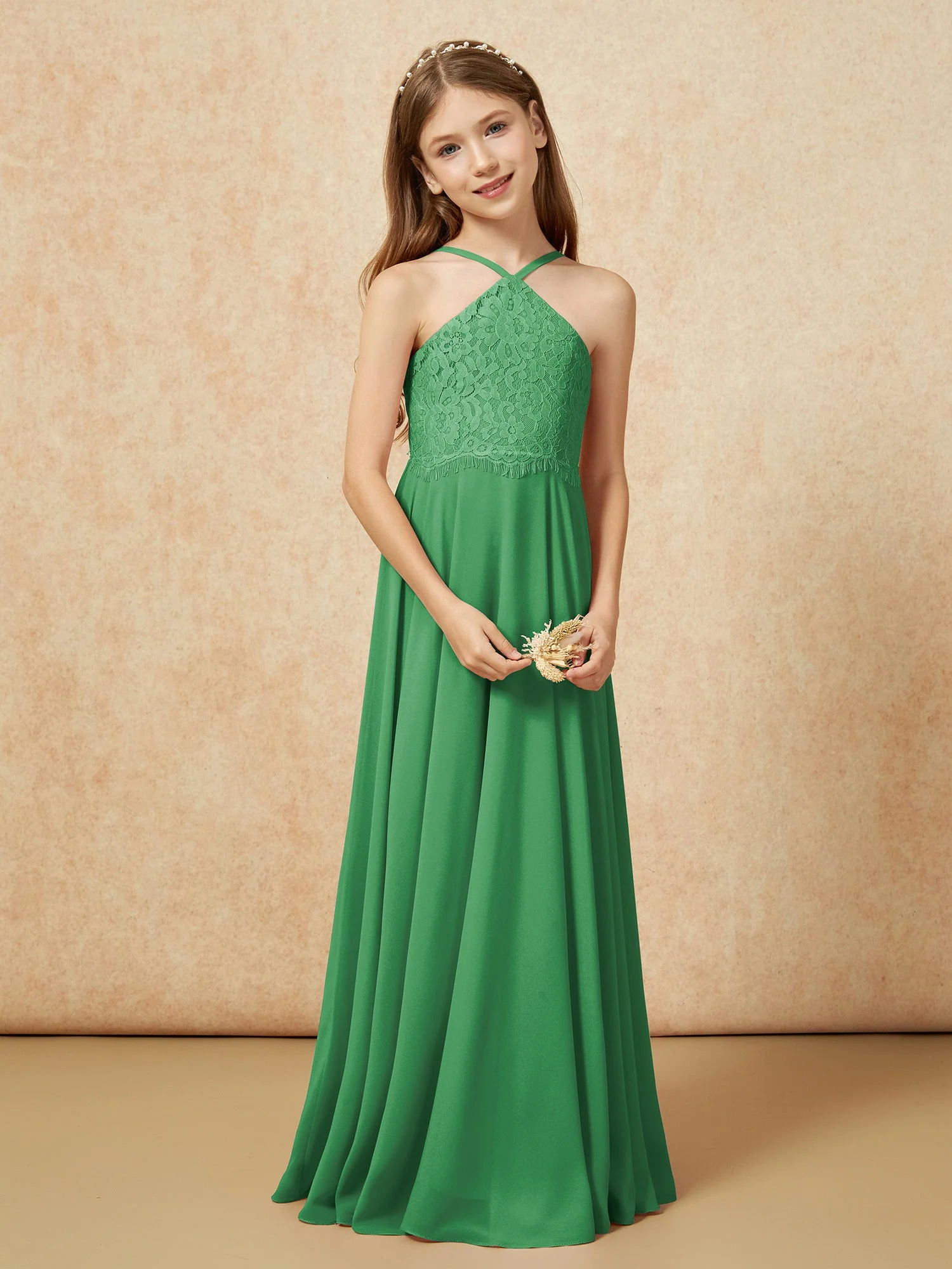 Halshalter Spitzen Oberteil Lang Chiffon Junge Brautjungfernkleider Smaragd - Image 5
