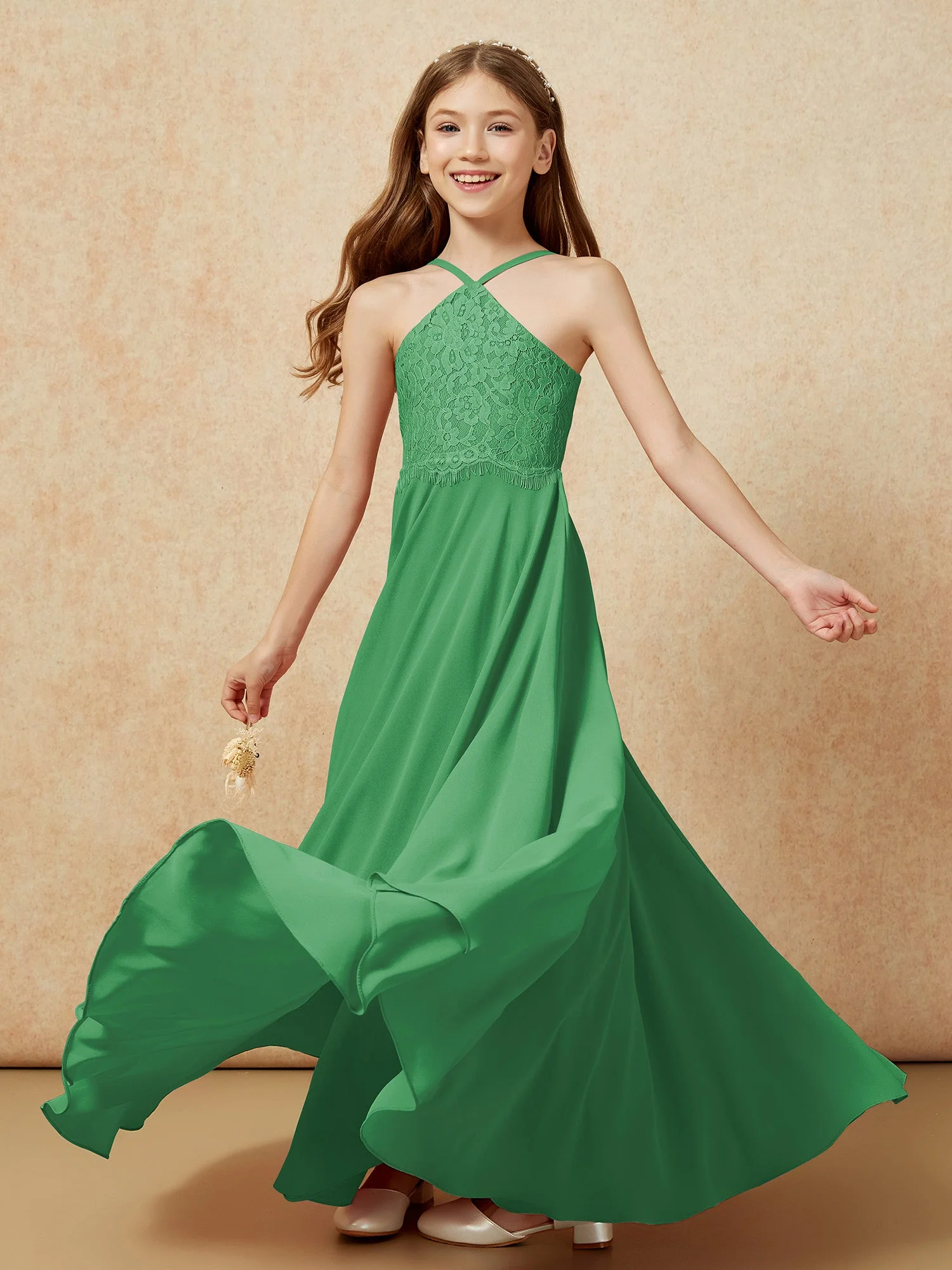 Halshalter Spitzen Oberteil Lang Chiffon Junge Brautjungfernkleider Smaragd - Image 6