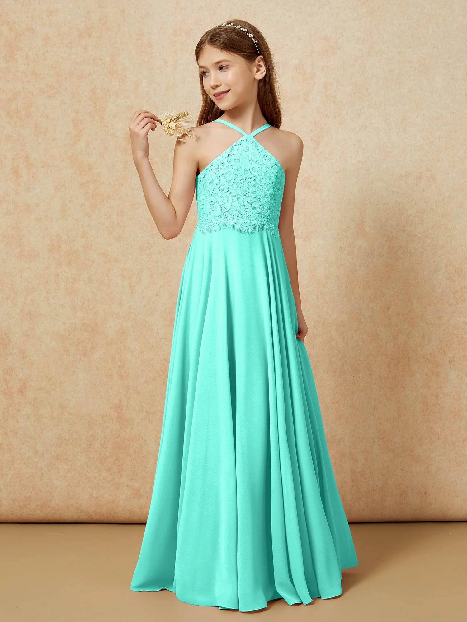 Halshalter Spitzen Oberteil Lang Chiffon Junge Brautjungfernkleider Spa - Image 3