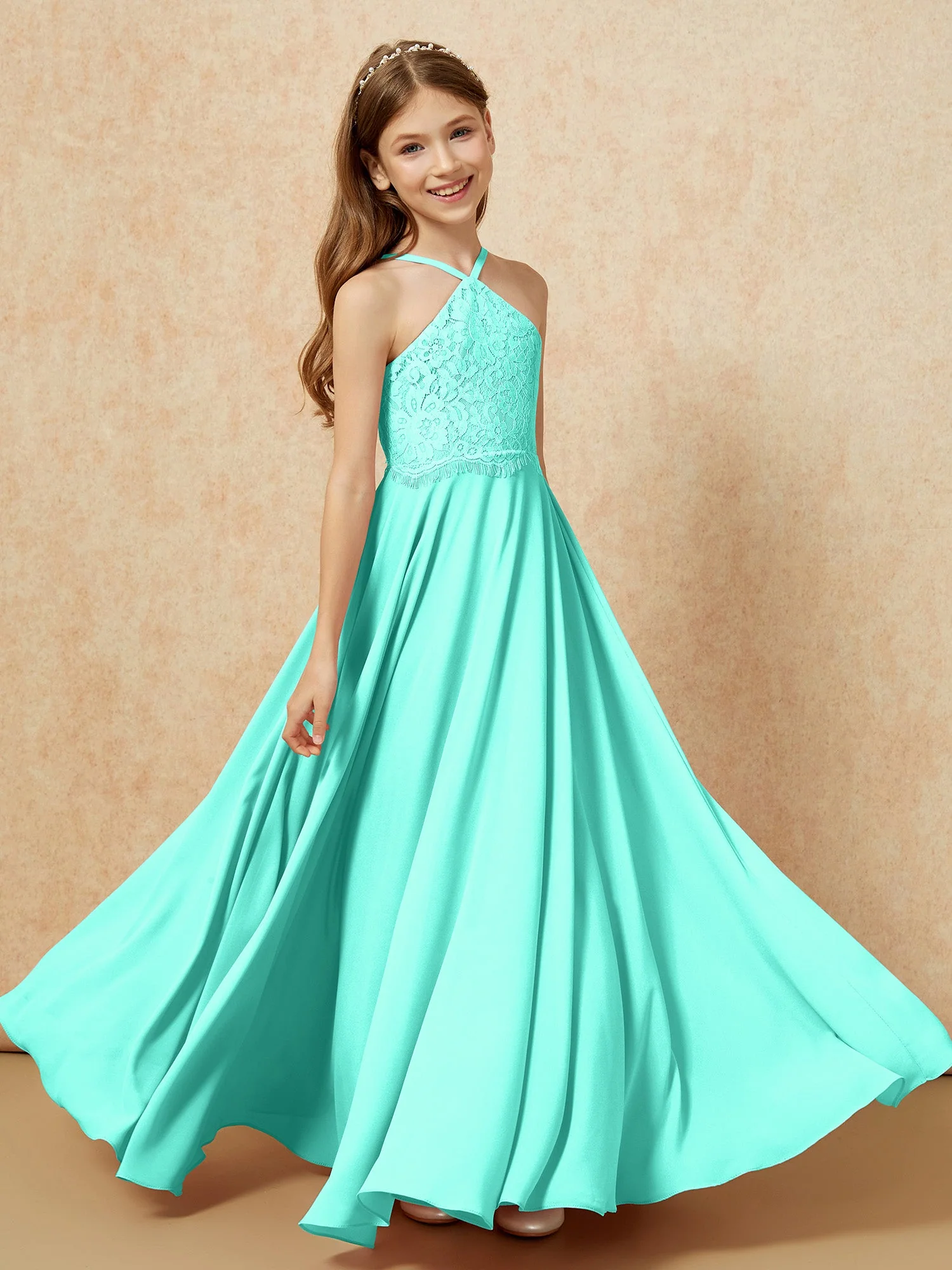 Halshalter Spitzen Oberteil Lang Chiffon Junge Brautjungfernkleider Spa - Image 4