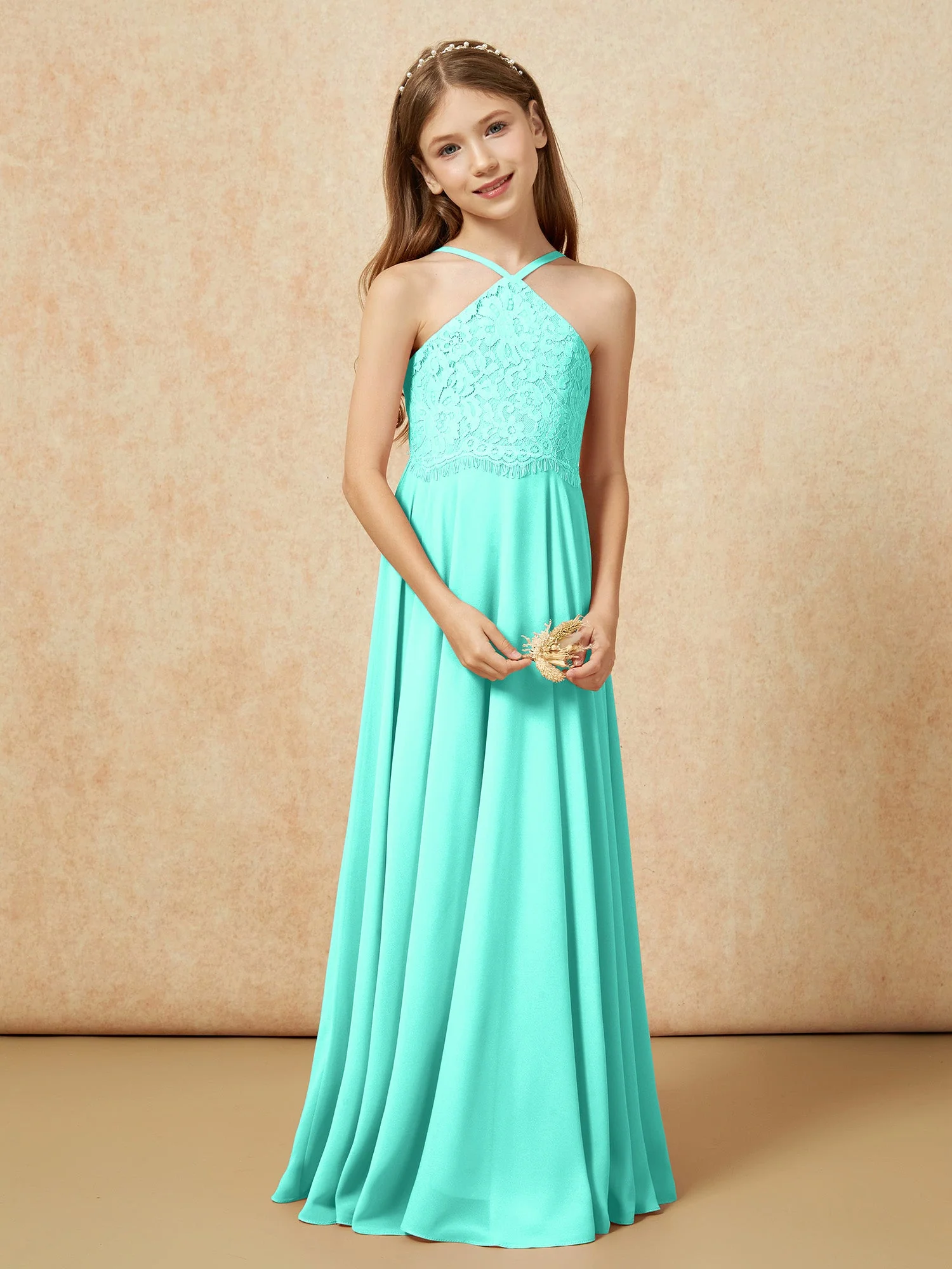 Halshalter Spitzen Oberteil Lang Chiffon Junge Brautjungfernkleider Spa - Image 5