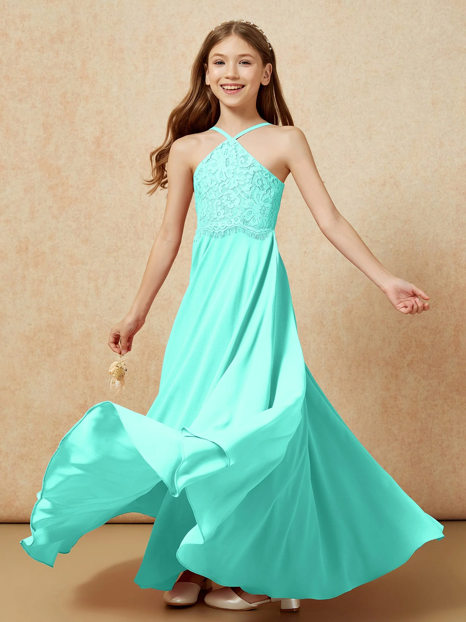 Halshalter Spitzen Oberteil Lang Chiffon Junge Brautjungfernkleider Spa - Image 6