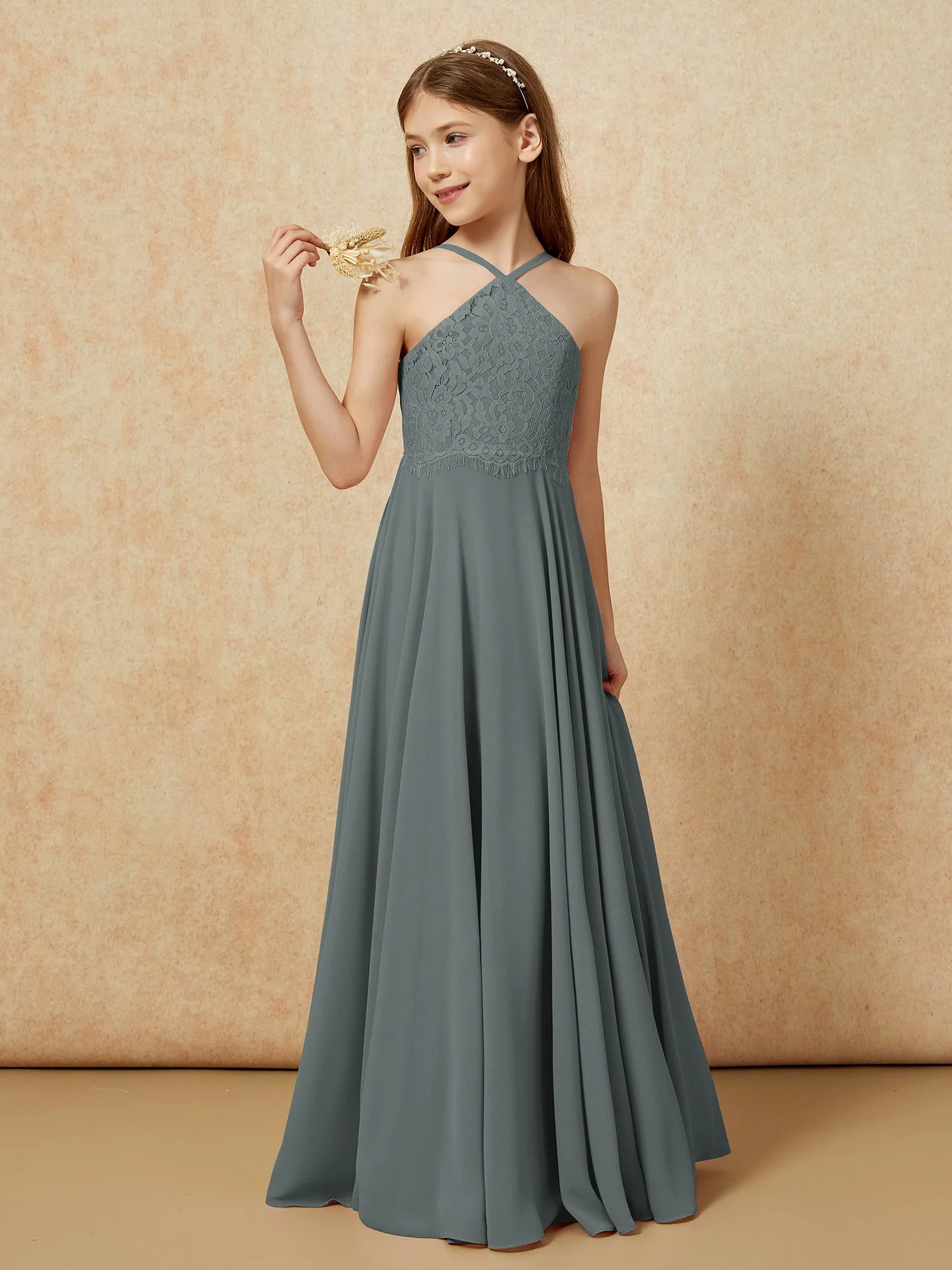 Halshalter Spitzen Oberteil Lang Chiffon Junge Brautjungfernkleider Stahlgrau - Image 3