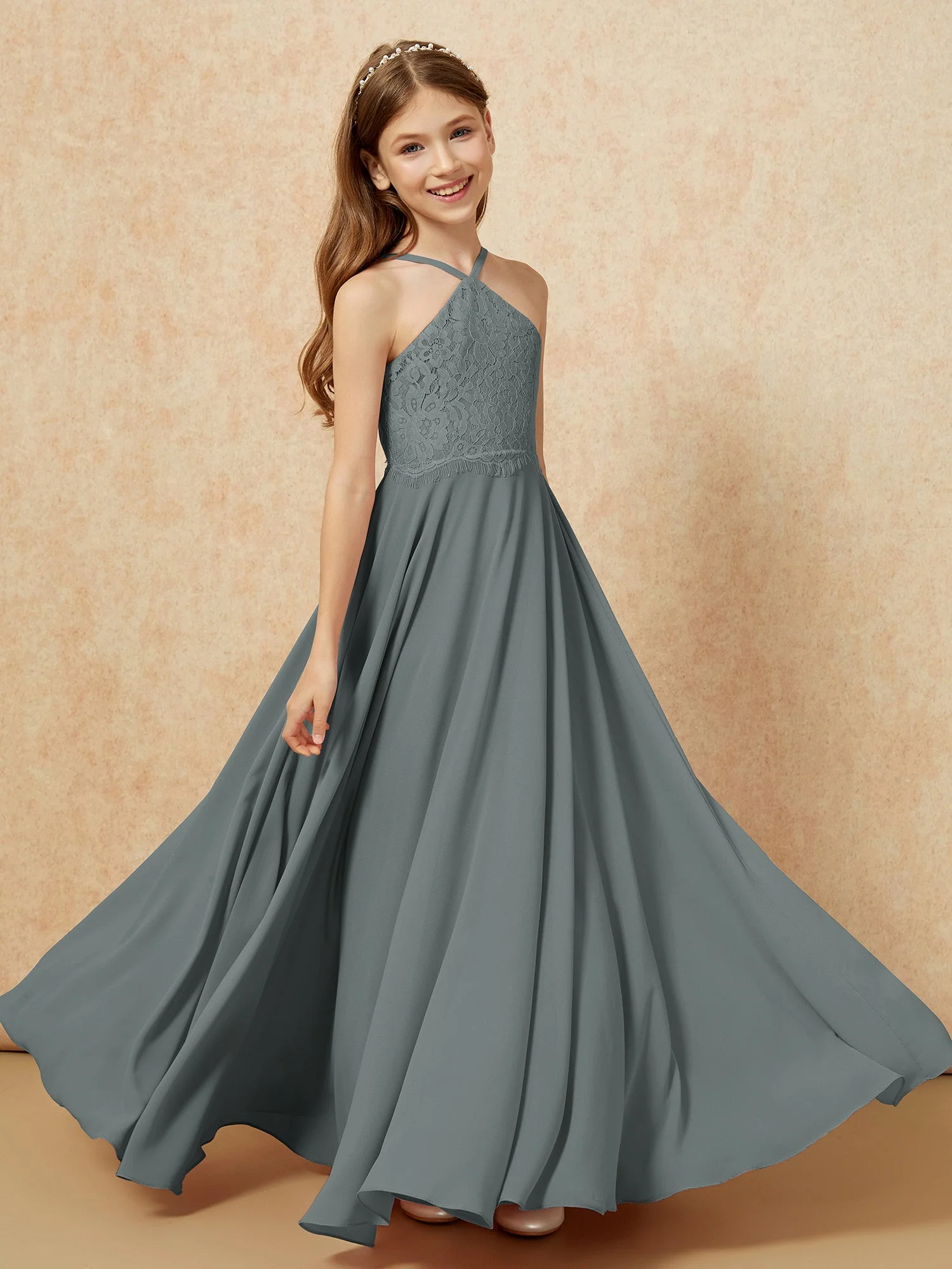 Halshalter Spitzen Oberteil Lang Chiffon Junge Brautjungfernkleider Stahlgrau - Image 4
