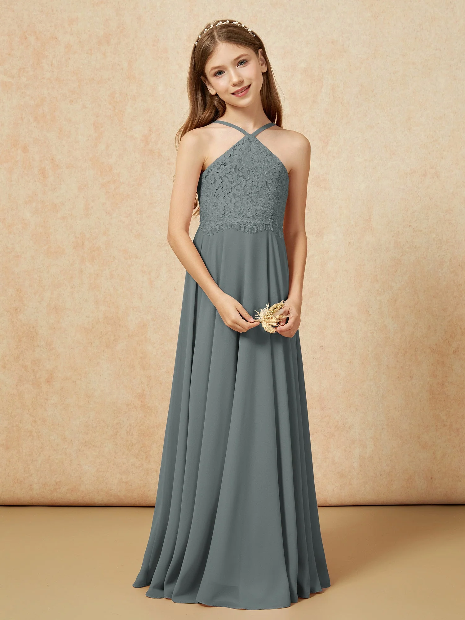 Halshalter Spitzen Oberteil Lang Chiffon Junge Brautjungfernkleider Stahlgrau - Image 5