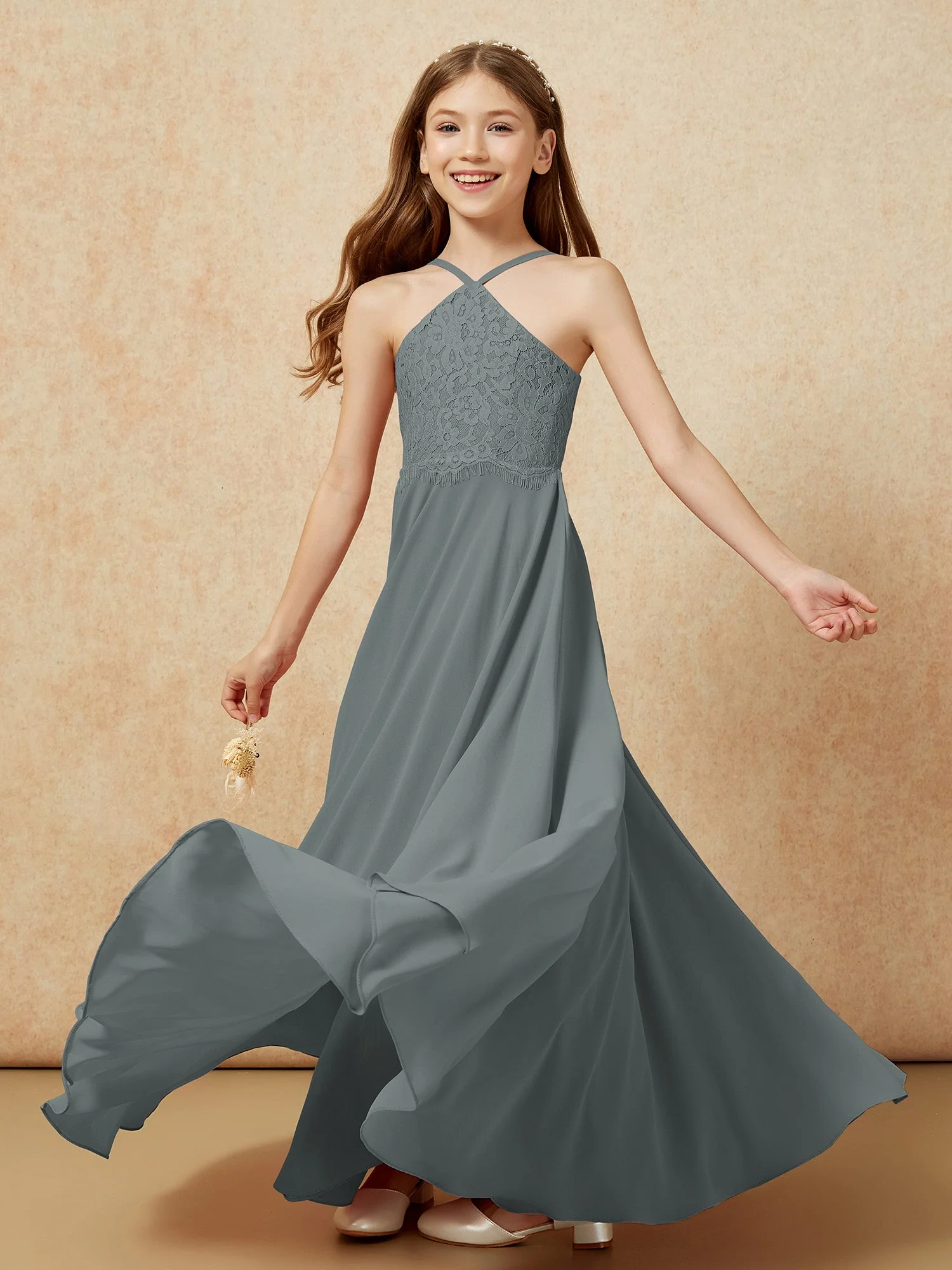 Halshalter Spitzen Oberteil Lang Chiffon Junge Brautjungfernkleider Stahlgrau - Image 6