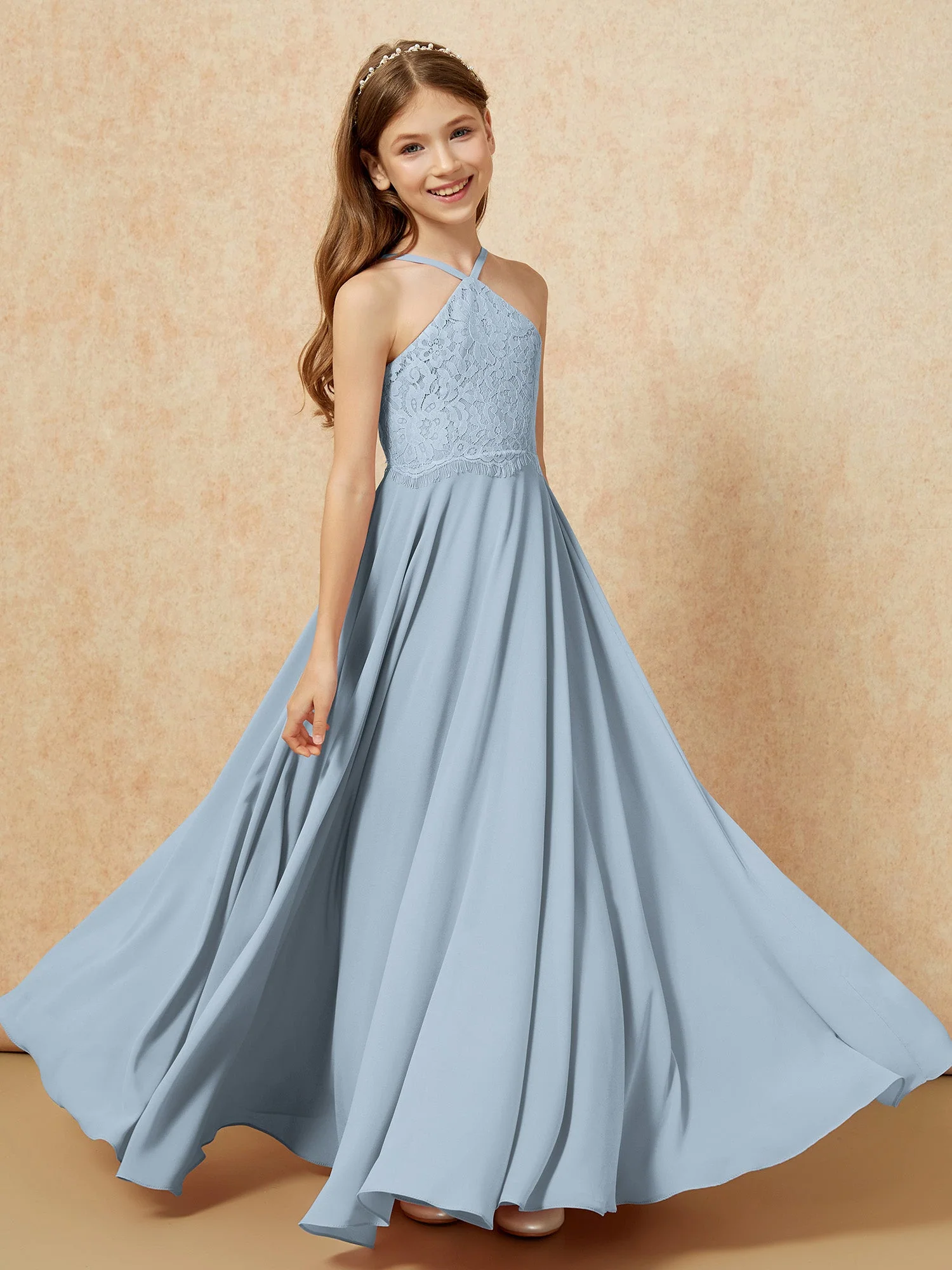 Halshalter Spitzen Oberteil Lang Chiffon Junge Brautjungfernkleider Staubiges Blau - Image 4
