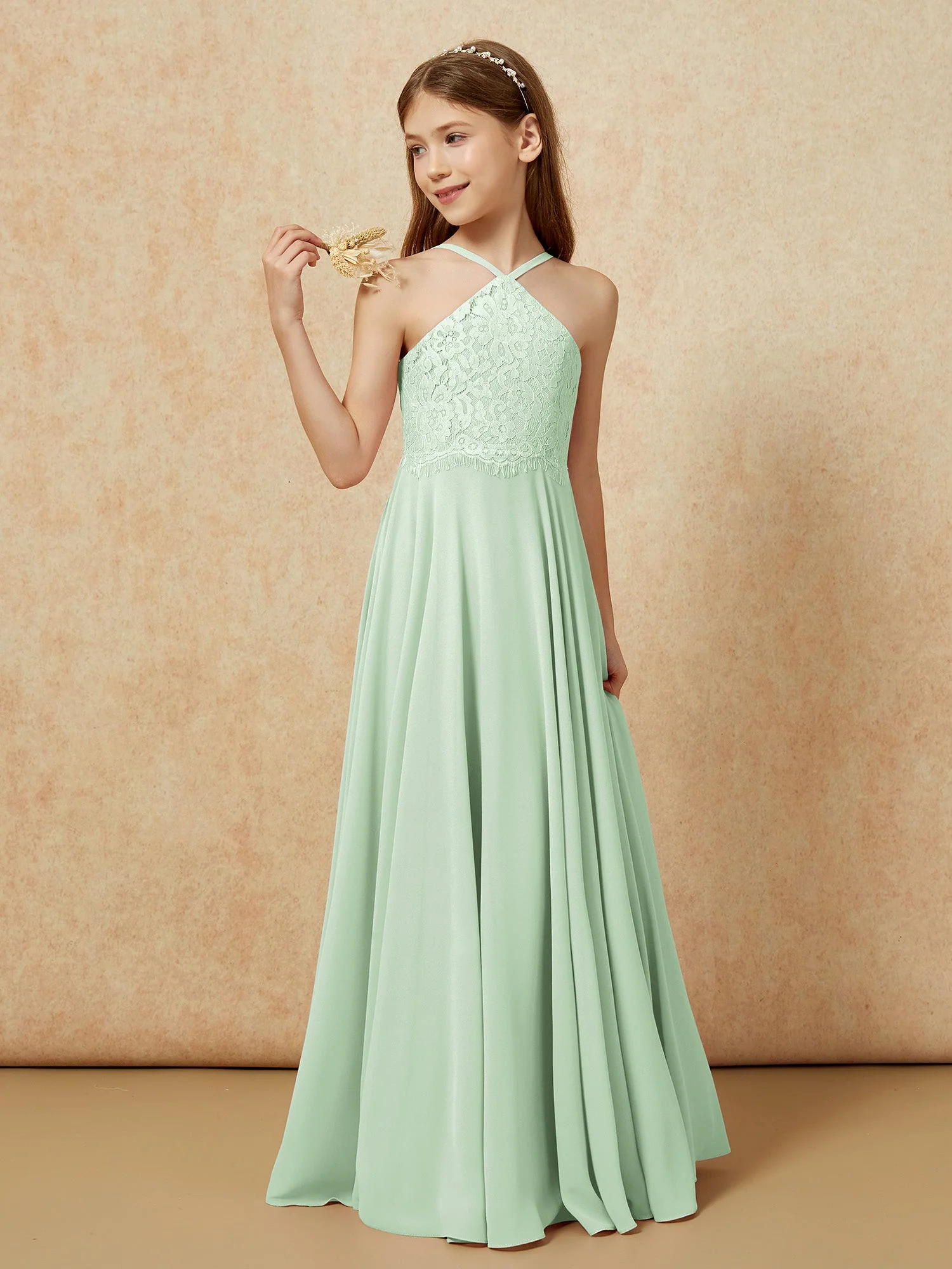 Halshalter Spitzen Oberteil Lang Chiffon Junge Brautjungfernkleider Staubiges Salbei - Image 3