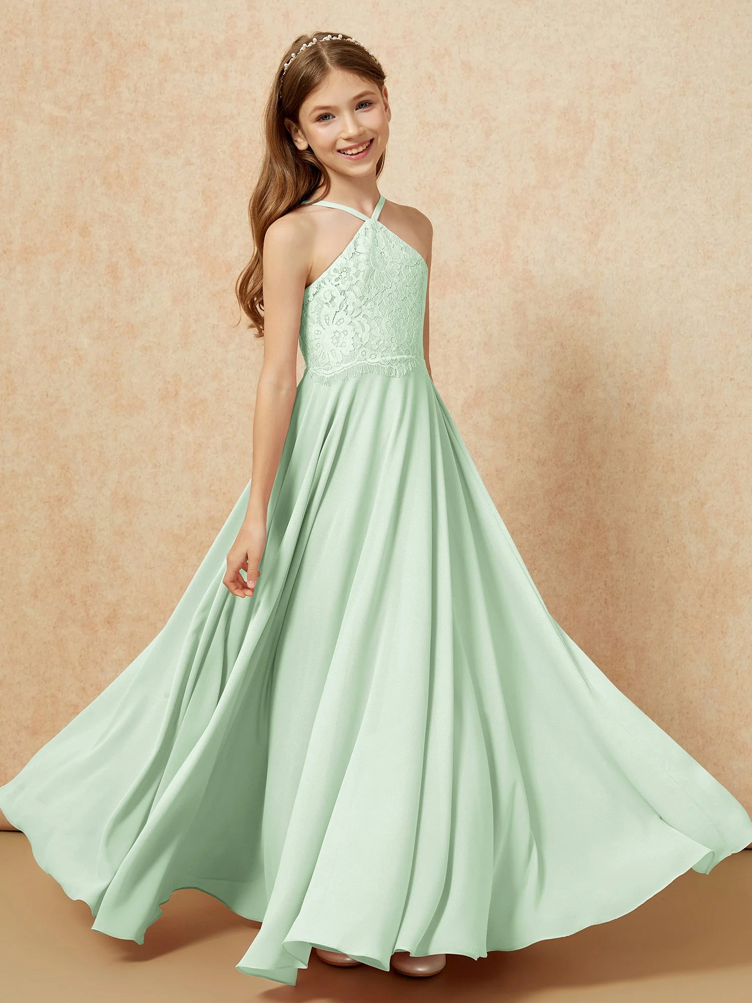 Halshalter Spitzen Oberteil Lang Chiffon Junge Brautjungfernkleider Staubiges Salbei - Image 4