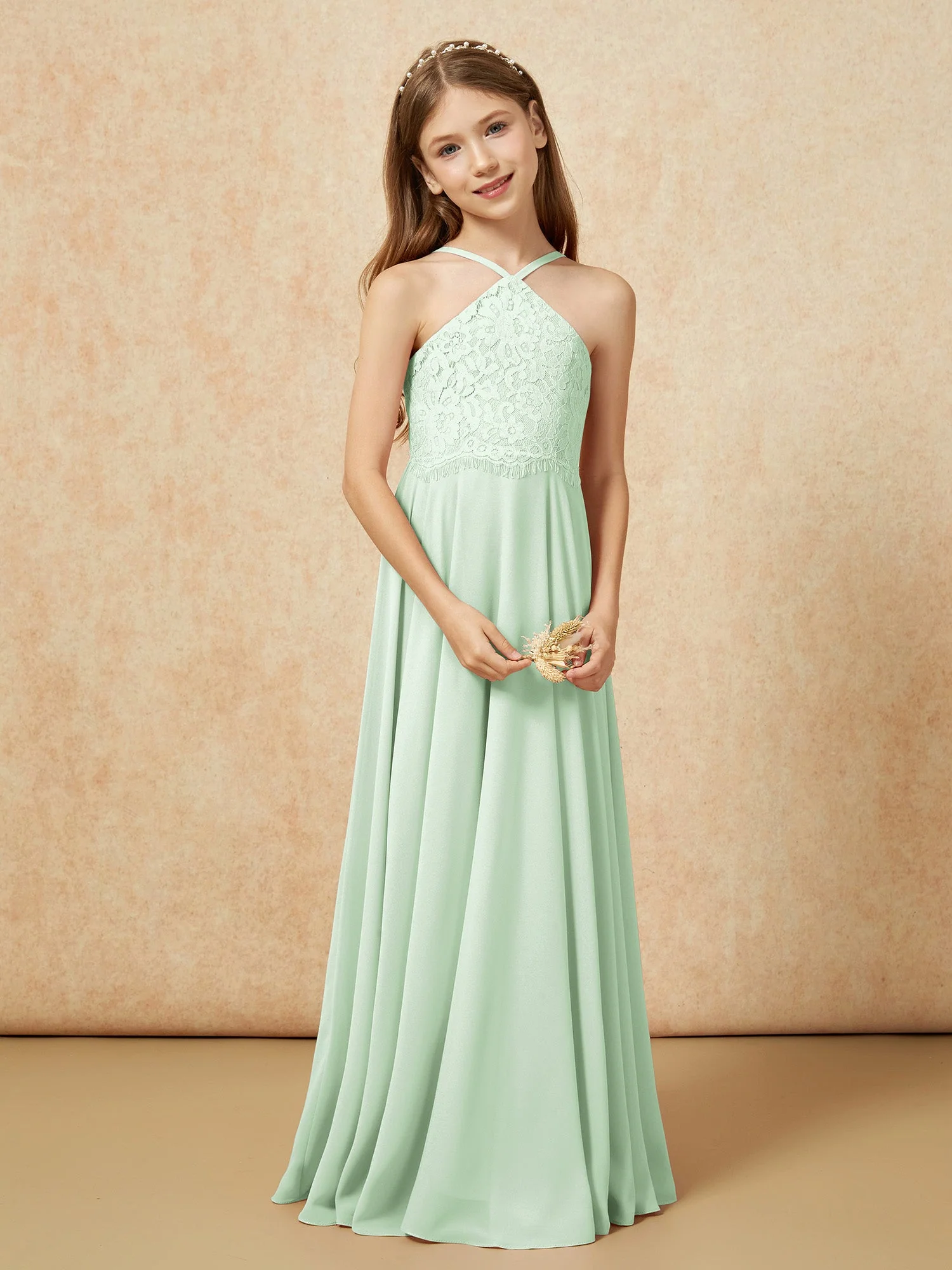 Halshalter Spitzen Oberteil Lang Chiffon Junge Brautjungfernkleider Staubiges Salbei - Image 5