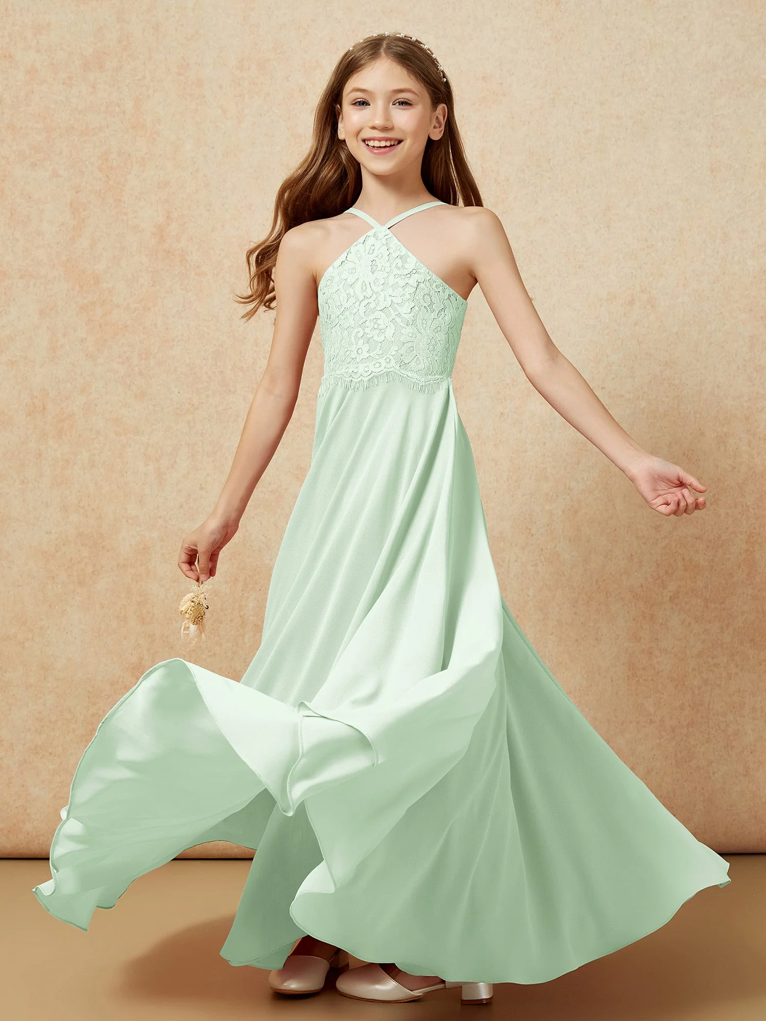 Halshalter Spitzen Oberteil Lang Chiffon Junge Brautjungfernkleider Staubiges Salbei - Image 6
