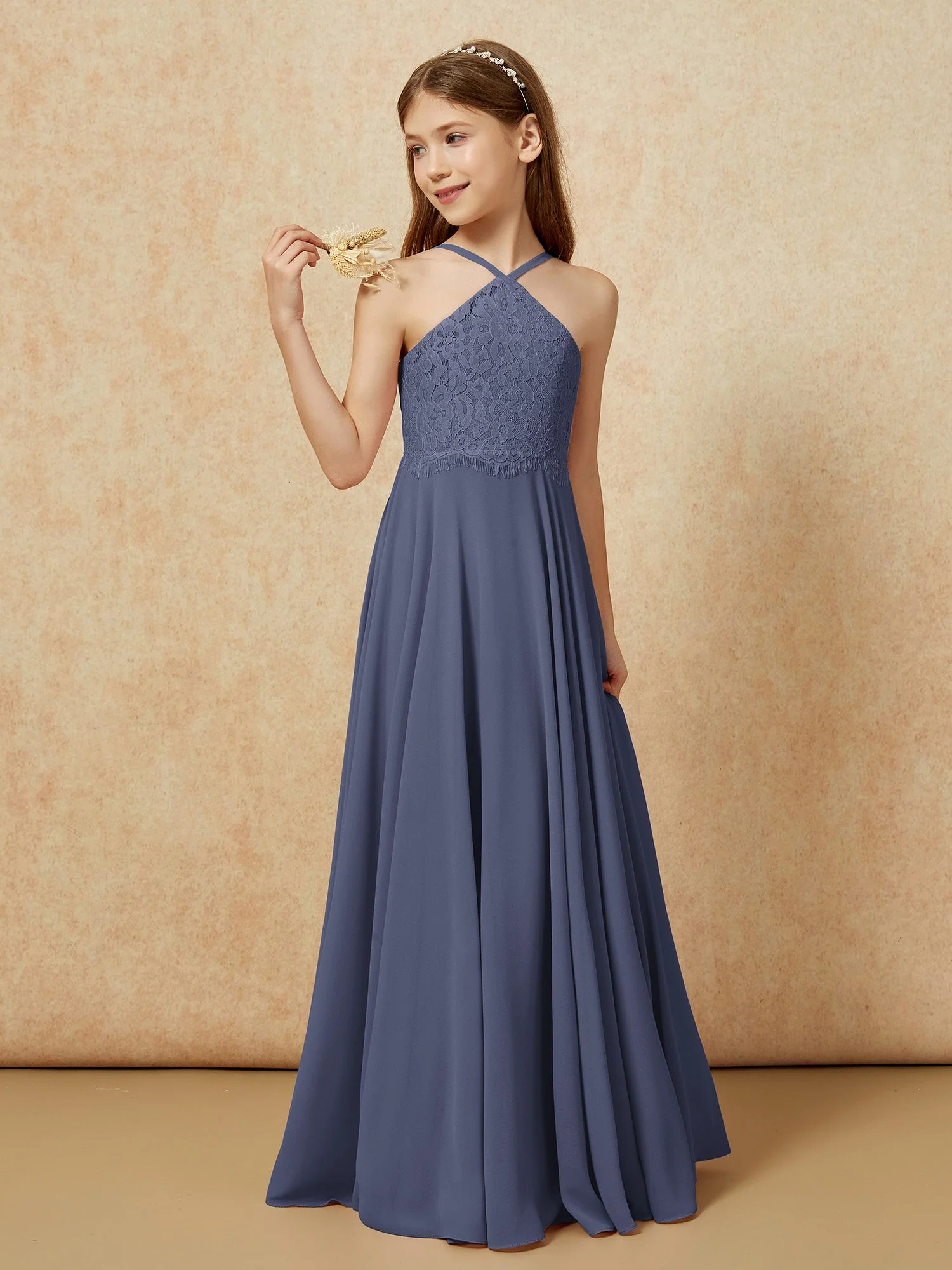 Halshalter Spitzen Oberteil Lang Chiffon Junge Brautjungfernkleider Sturm - Image 3
