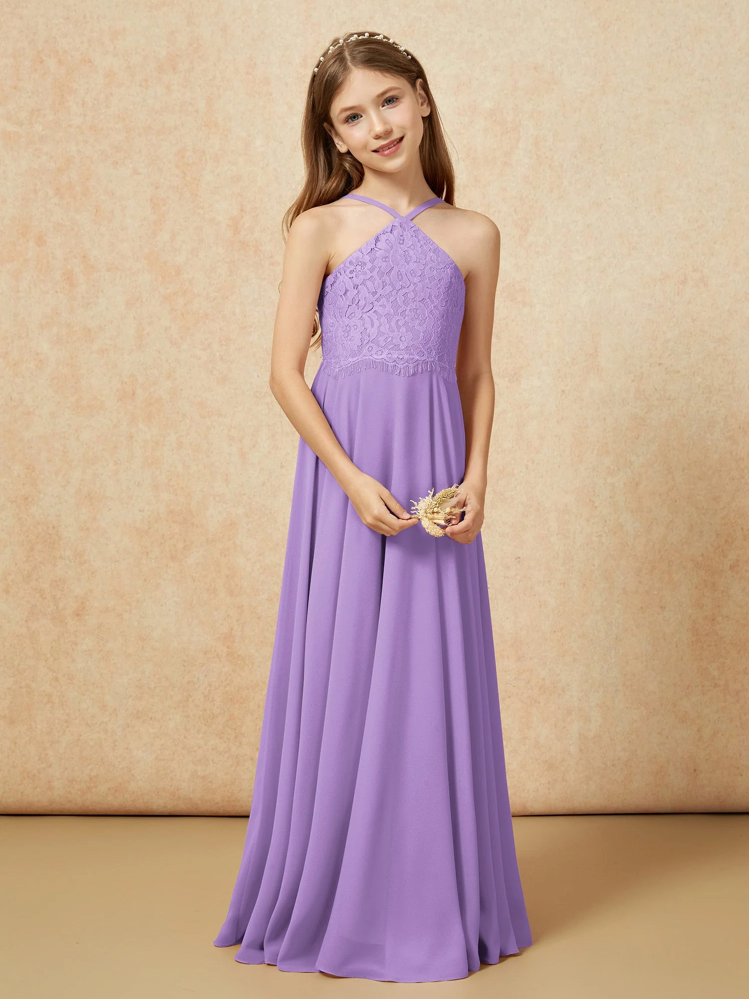 Halshalter Spitzen Oberteil Lang Chiffon Junge Brautjungfernkleider Tahiti - Image 5