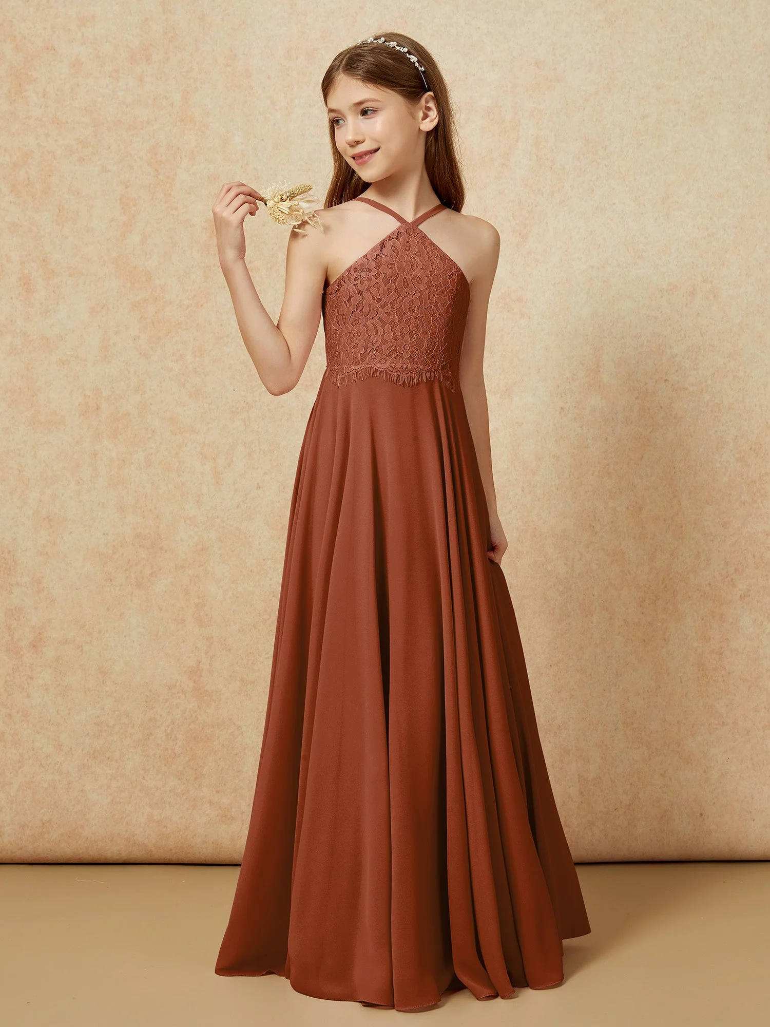 Halshalter Spitzen Oberteil Lang Chiffon Junge Brautjungfernkleider Terrakotta - Image 3