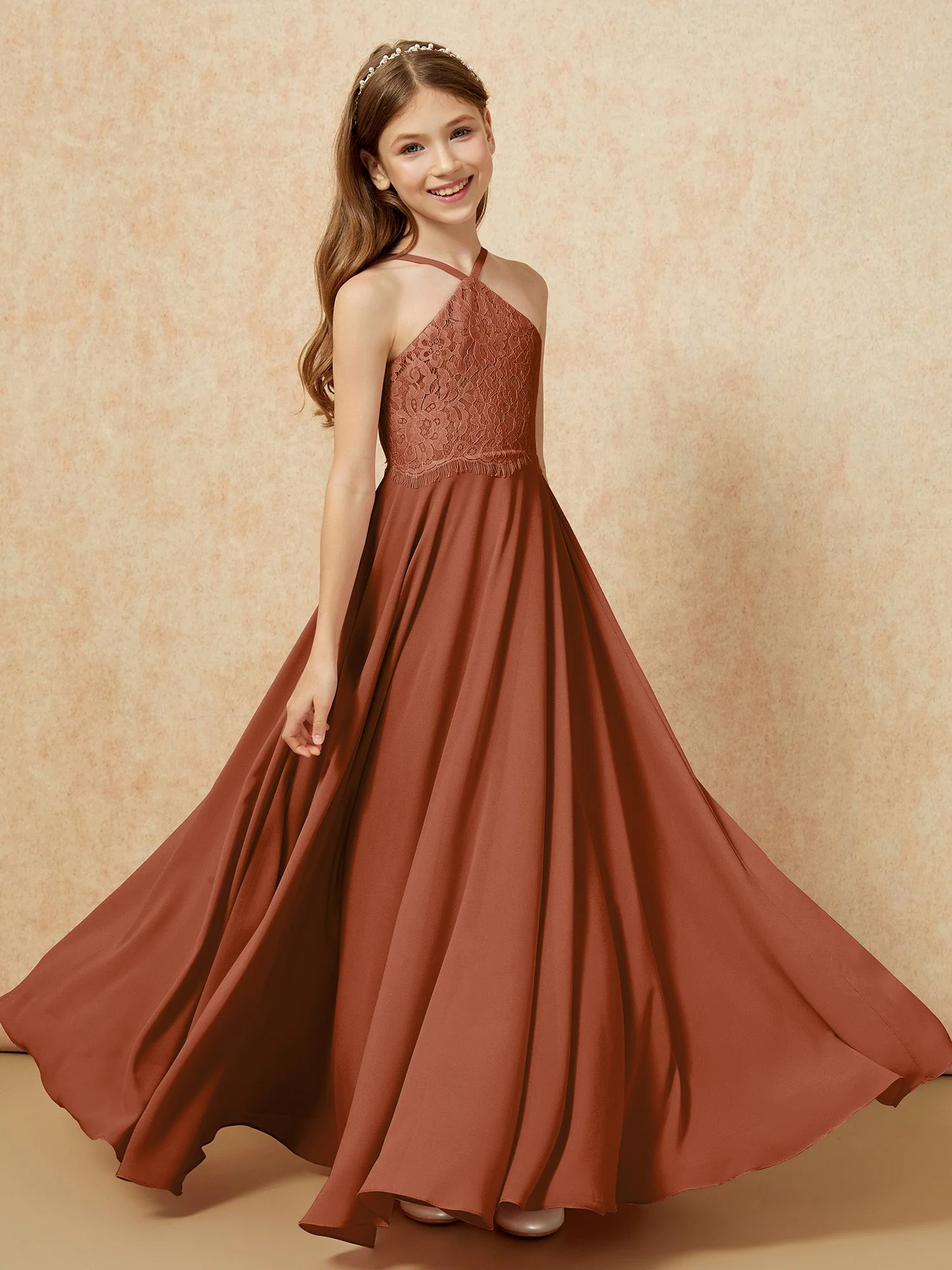 Halshalter Spitzen Oberteil Lang Chiffon Junge Brautjungfernkleider Terrakotta - Image 4