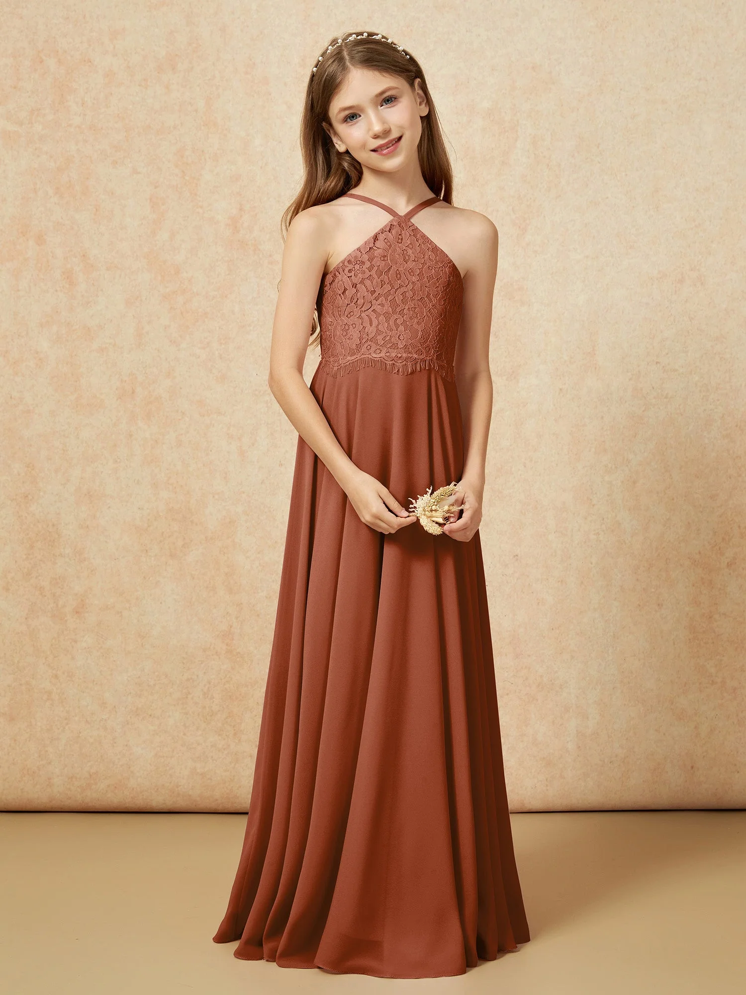 Halshalter Spitzen Oberteil Lang Chiffon Junge Brautjungfernkleider Terrakotta - Image 5