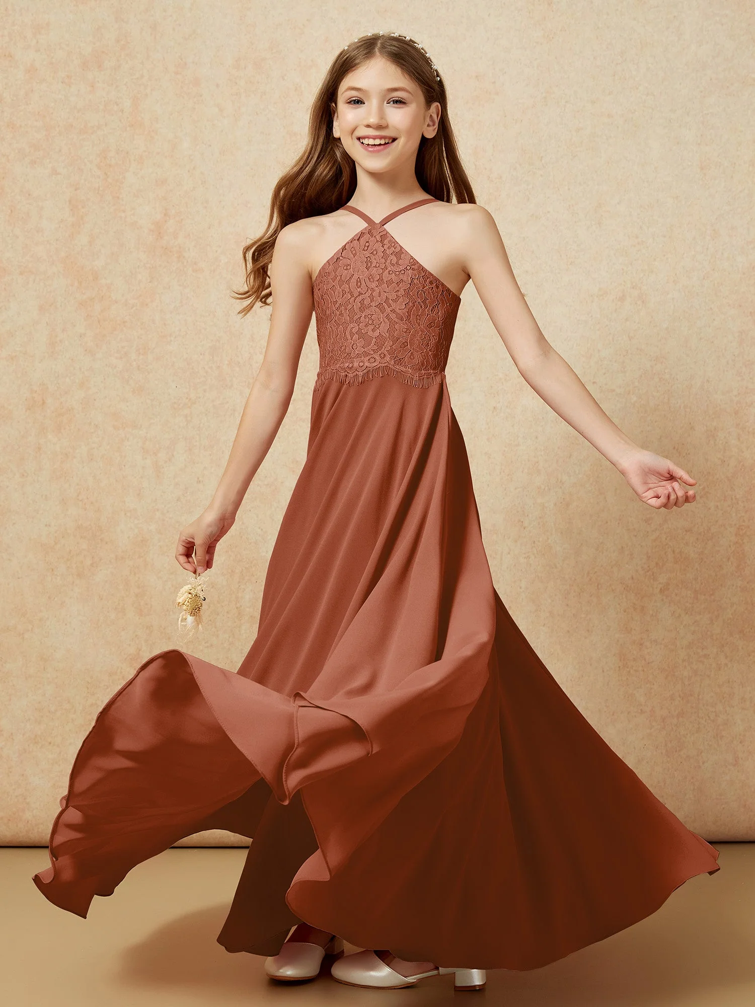 Halshalter Spitzen Oberteil Lang Chiffon Junge Brautjungfernkleider Terrakotta - Image 6
