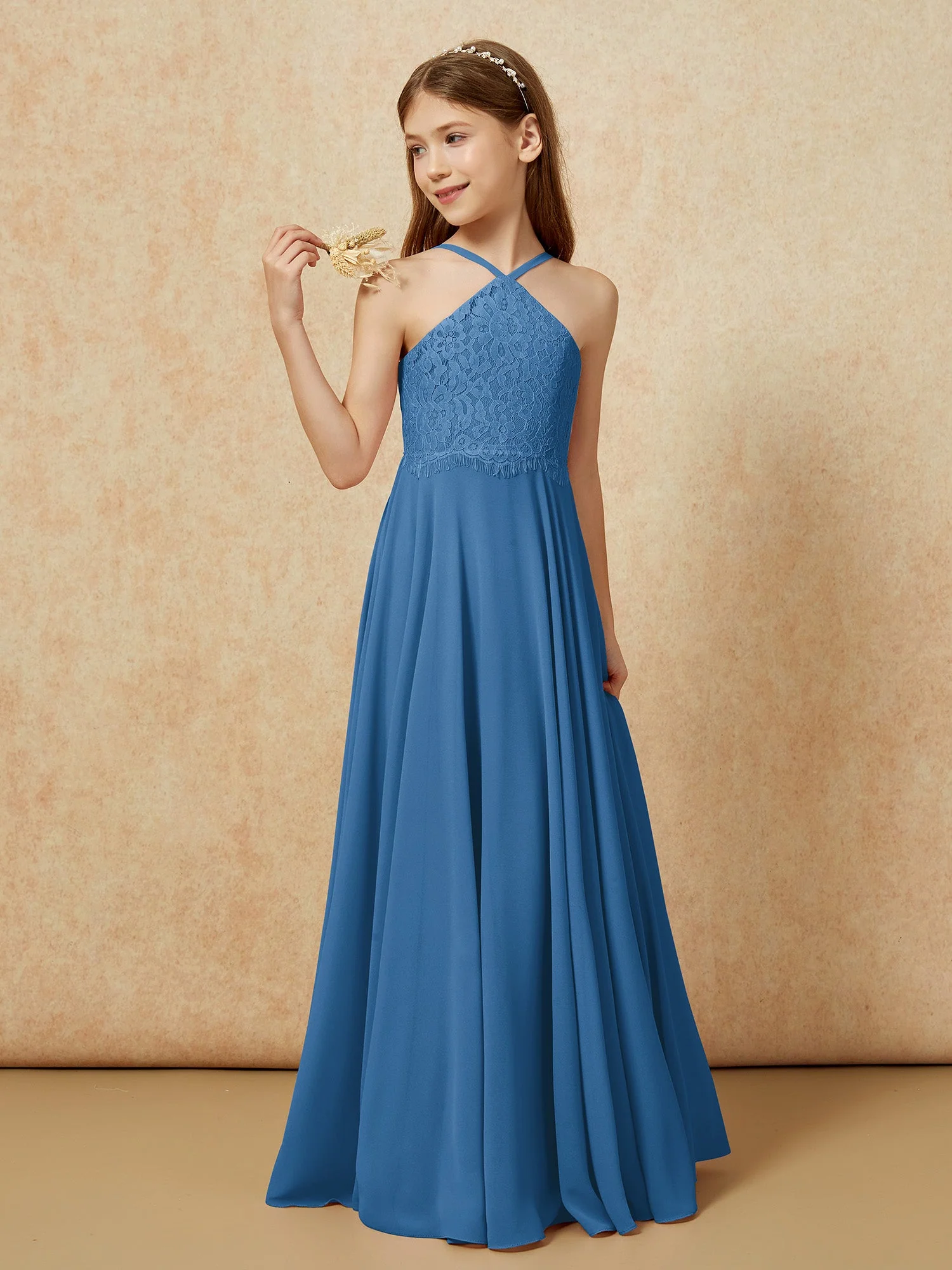Halshalter Spitzen Oberteil Lang Chiffon Junge Brautjungfernkleider Tinte Blau - Image 3