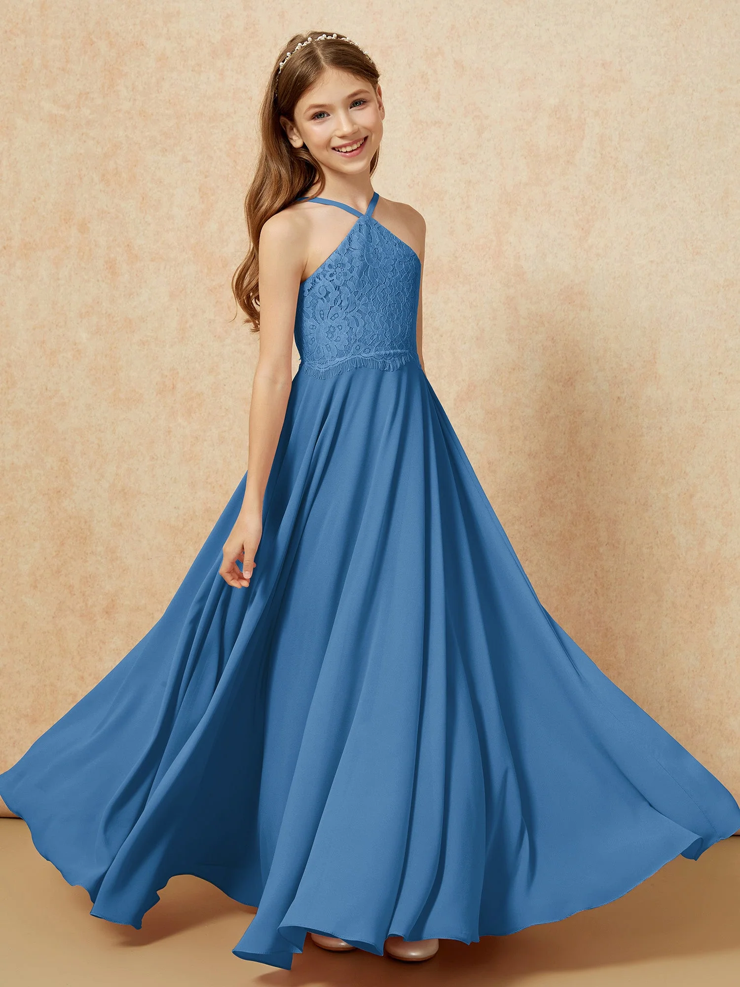 Halshalter Spitzen Oberteil Lang Chiffon Junge Brautjungfernkleider Tinte Blau - Image 4