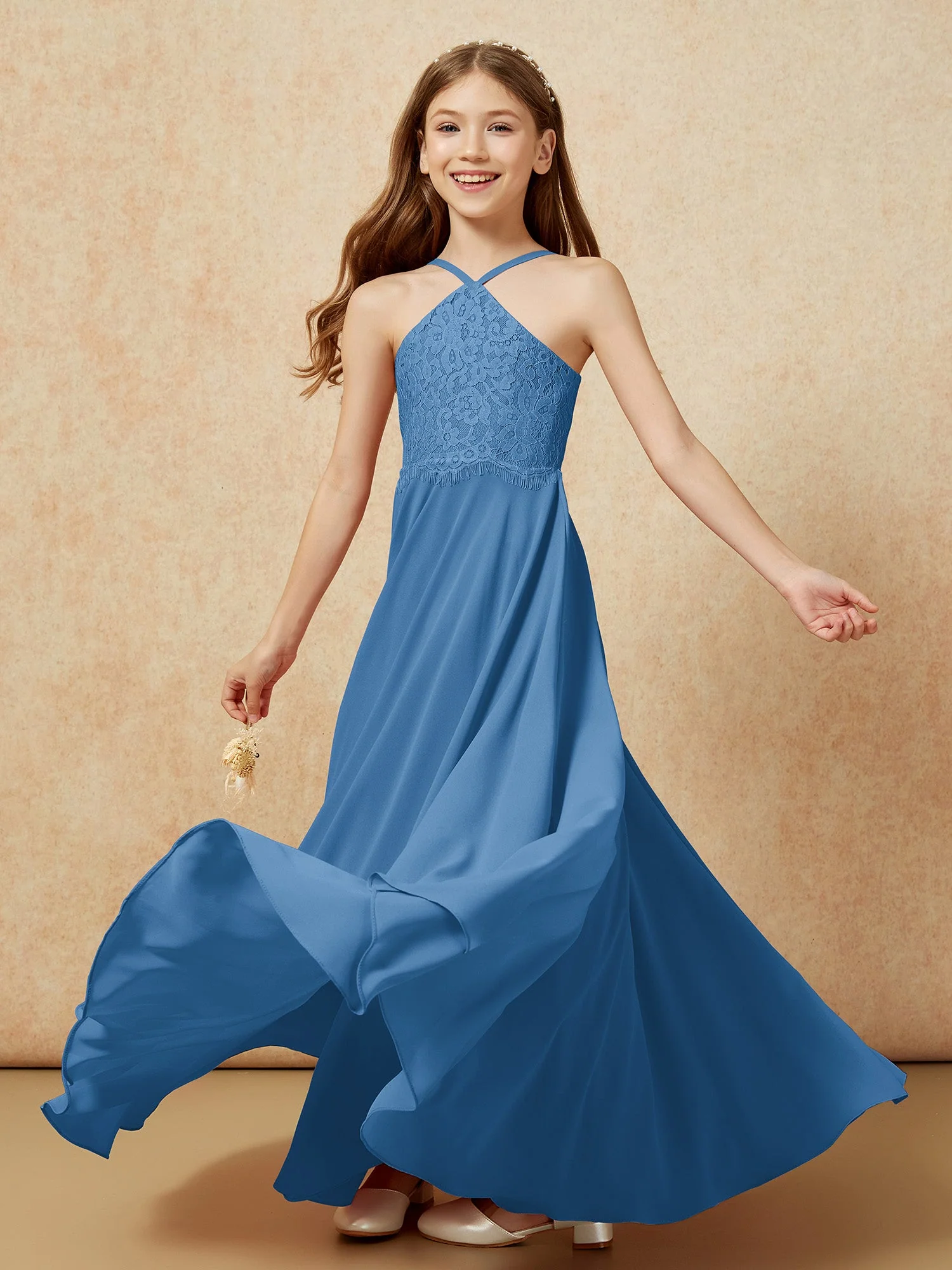 Halshalter Spitzen Oberteil Lang Chiffon Junge Brautjungfernkleider Tinte Blau - Image 6