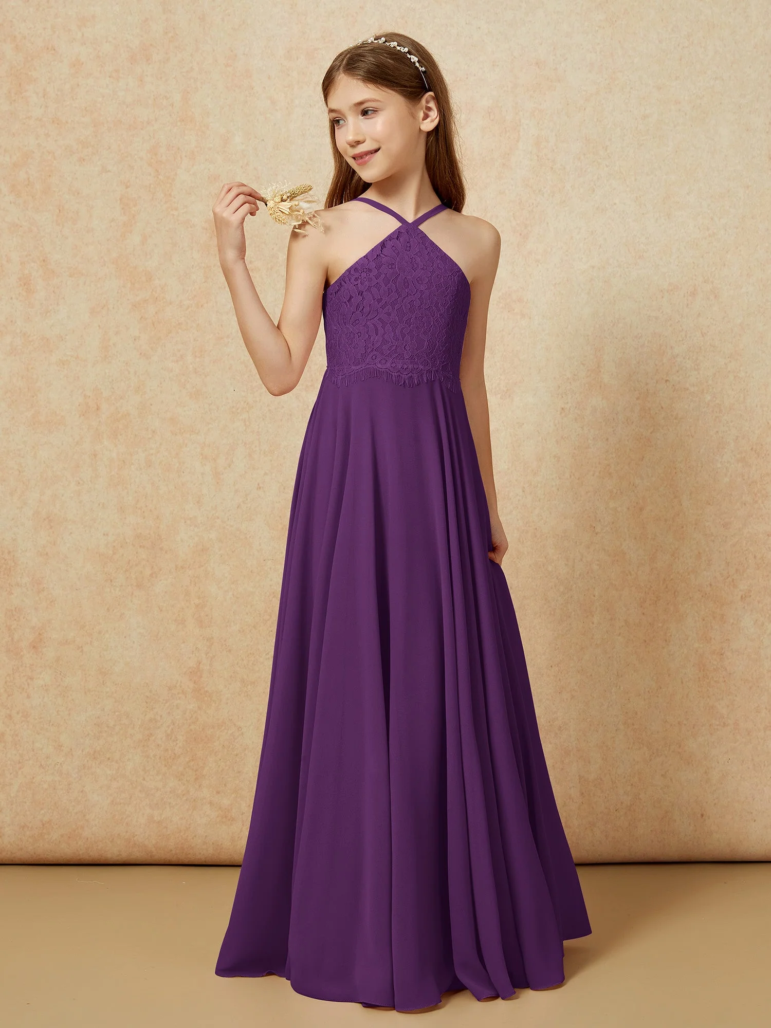 Halshalter Spitzen Oberteil Lang Chiffon Junge Brautjungfernkleider Traube - Image 3