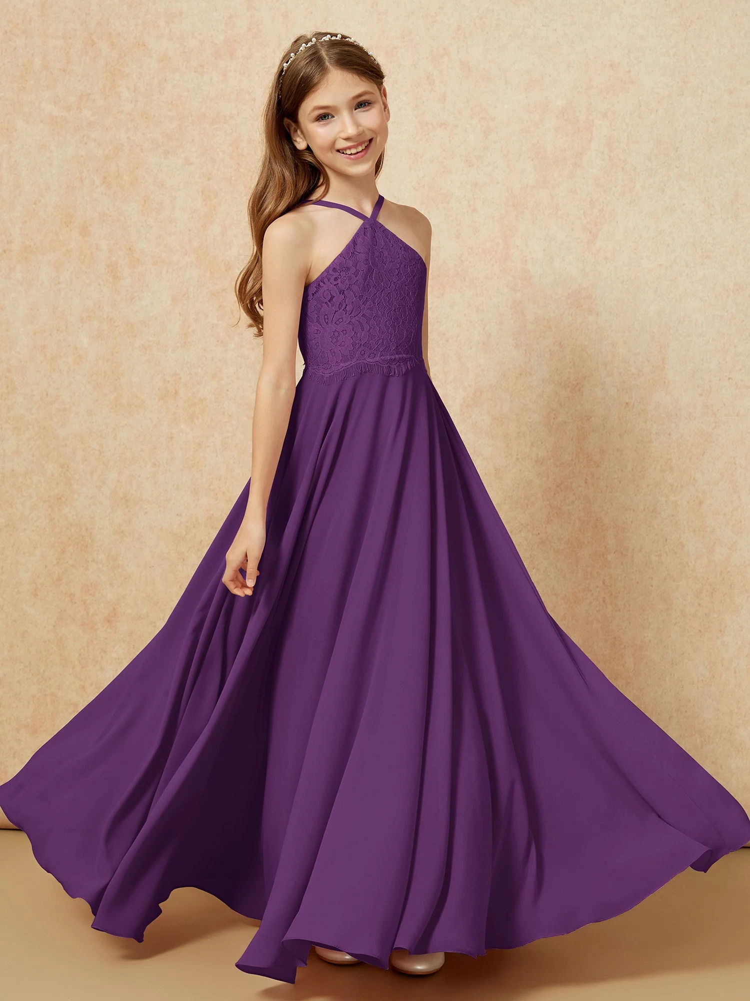 Halshalter Spitzen Oberteil Lang Chiffon Junge Brautjungfernkleider Traube - Image 4
