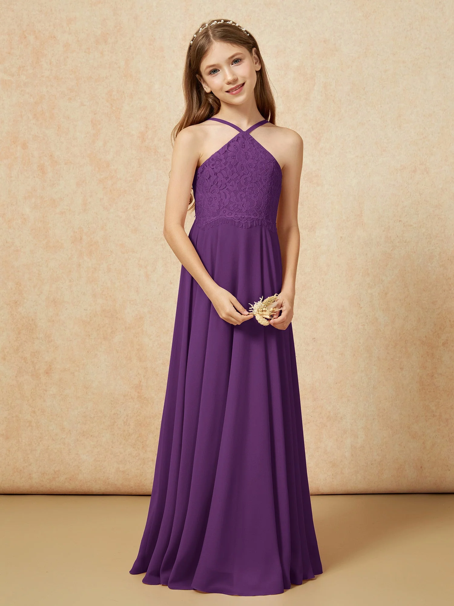 Halshalter Spitzen Oberteil Lang Chiffon Junge Brautjungfernkleider Traube - Image 5