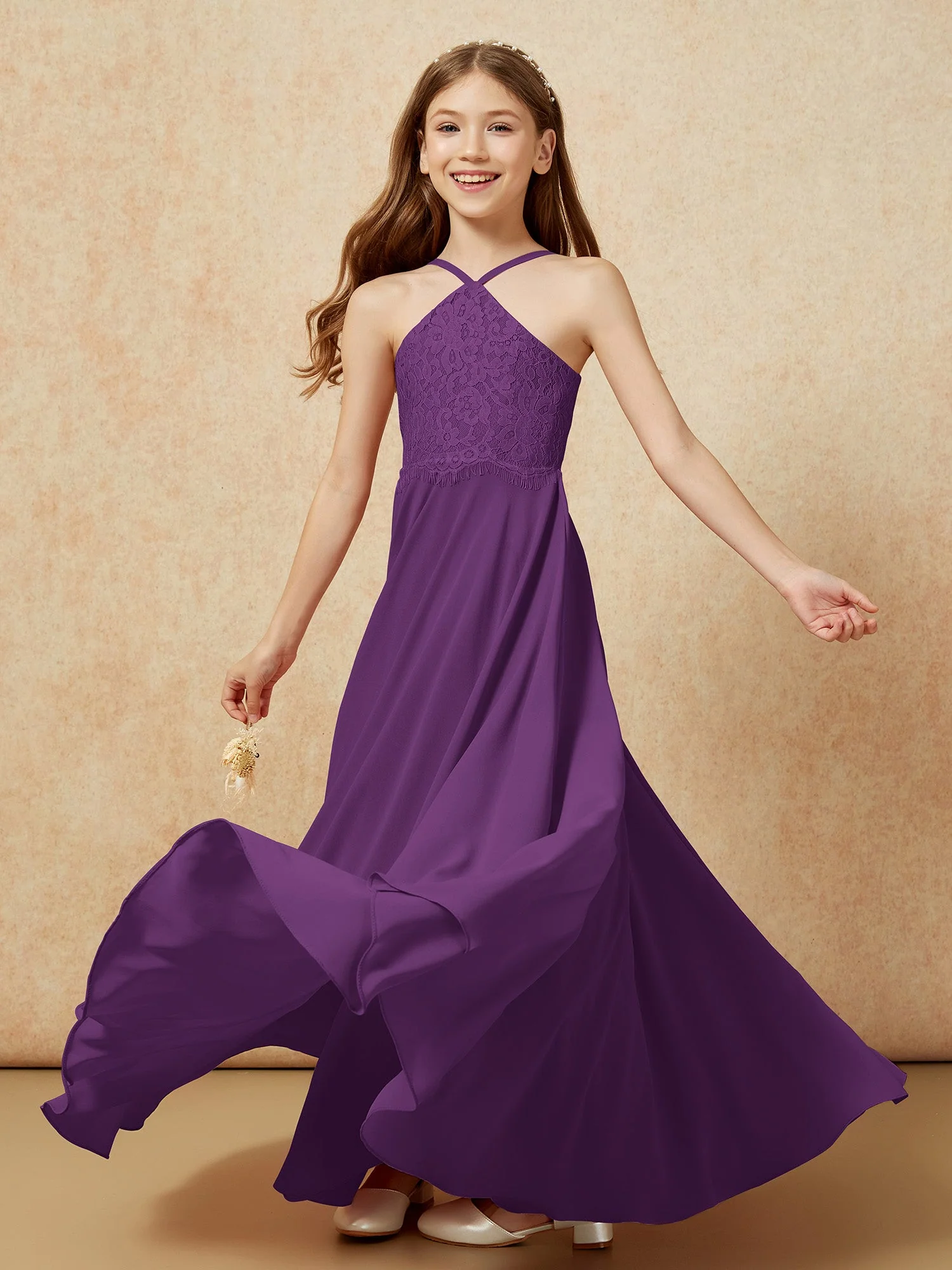 Halshalter Spitzen Oberteil Lang Chiffon Junge Brautjungfernkleider Traube - Image 6