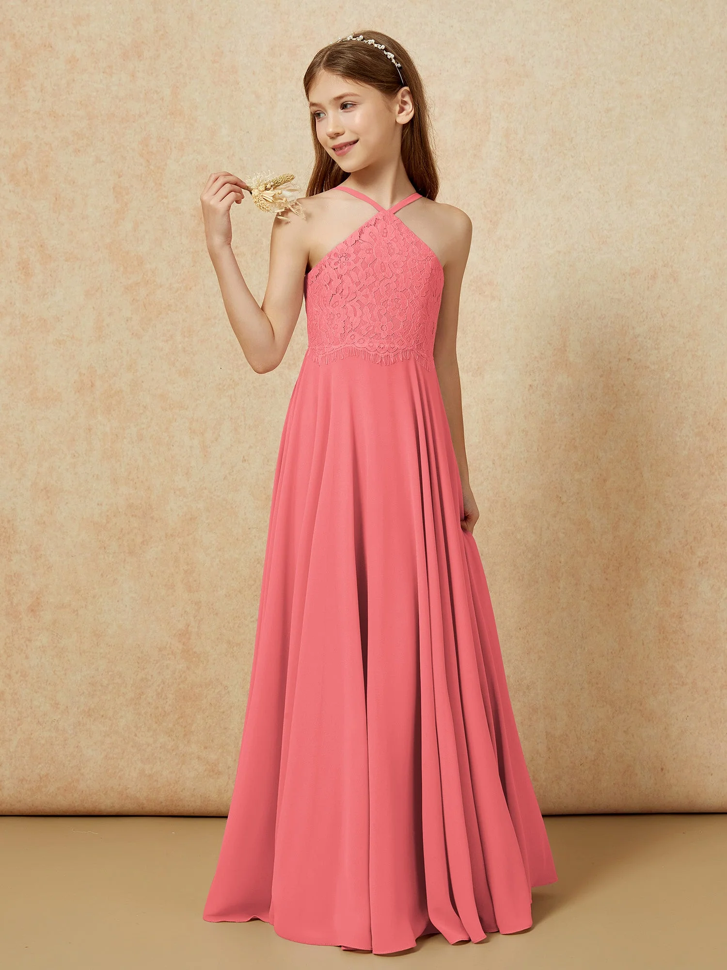 Halshalter Spitzen Oberteil Lang Chiffon Junge Brautjungfernkleider Wassermelone - Image 3