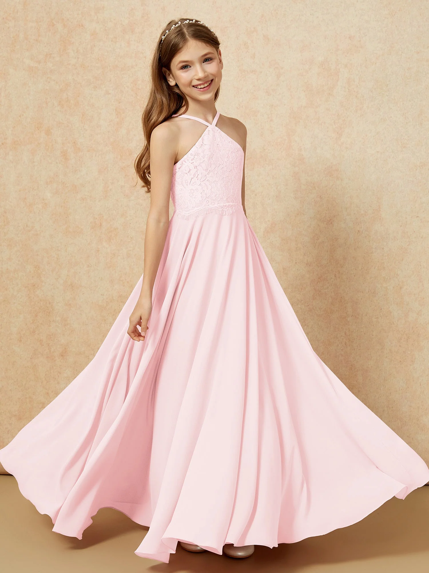 Halshalter Spitzen Oberteil Lang Chiffon Junge Brautjungfernkleider Zartrosa - Image 4