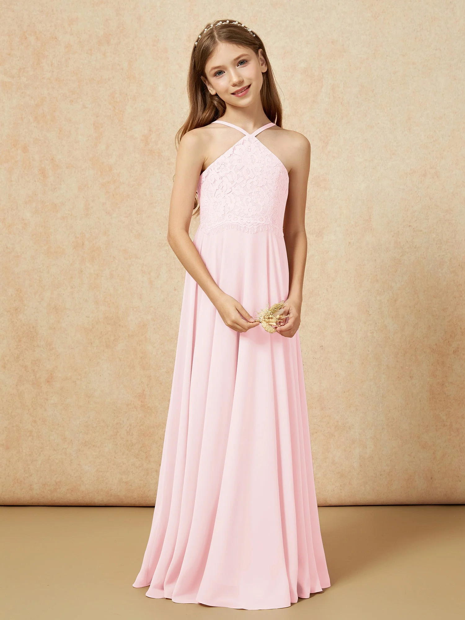 Halshalter Spitzen Oberteil Lang Chiffon Junge Brautjungfernkleider Zartrosa - Image 5