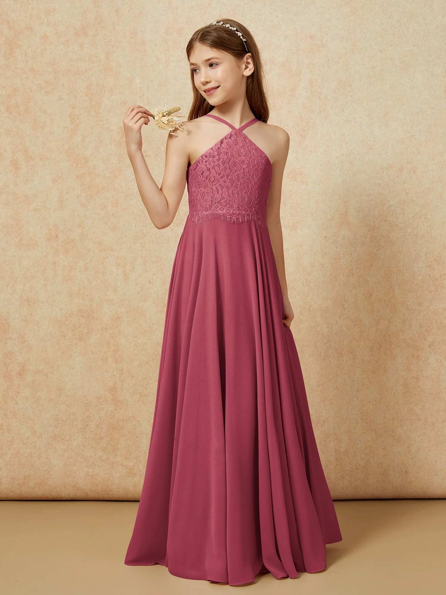 Halshalter Spitzen Oberteil Lang Chiffon Junge Brautjungfernkleider Zimtrose - Image 3