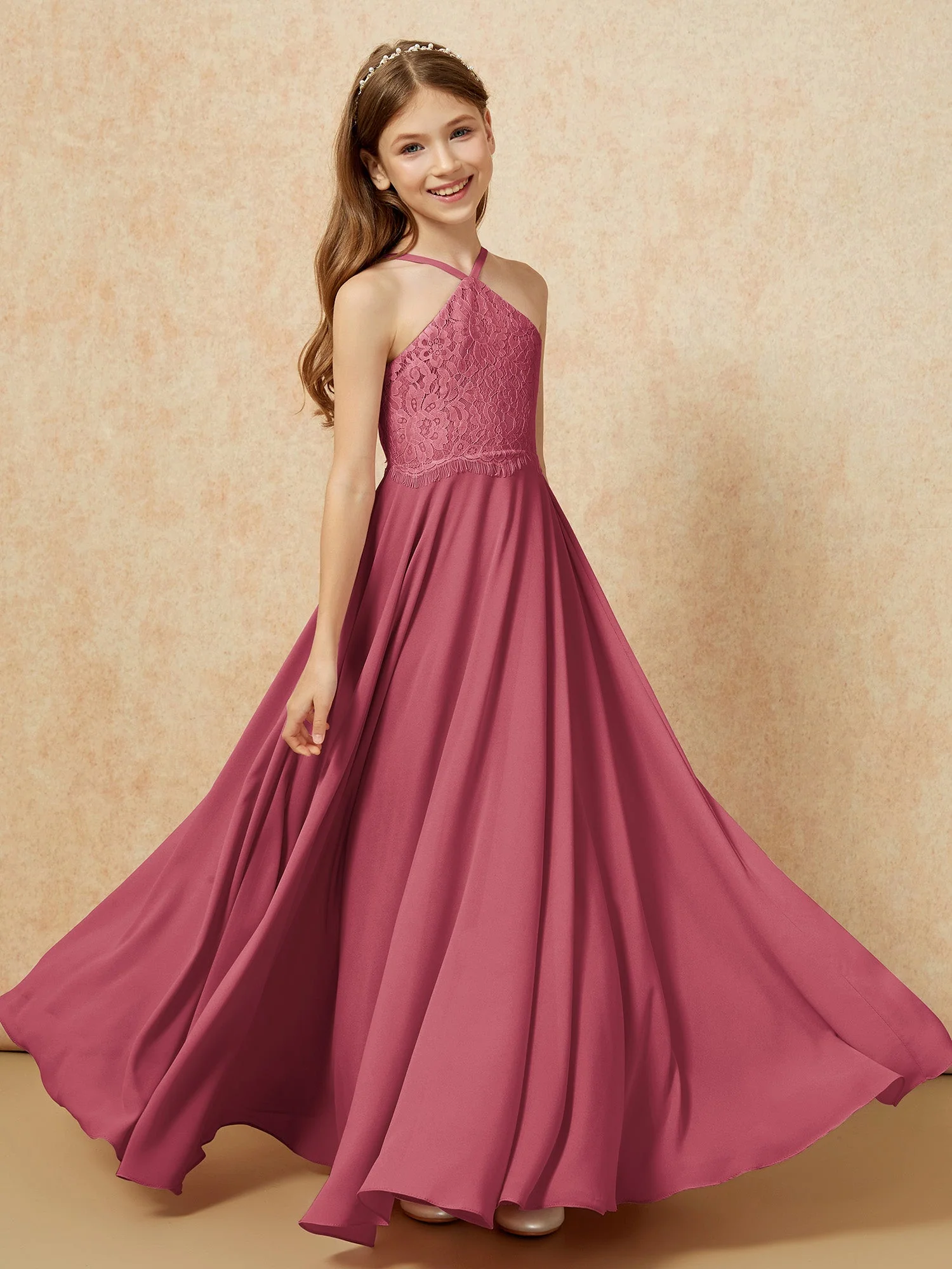 Halshalter Spitzen Oberteil Lang Chiffon Junge Brautjungfernkleider Zimtrose - Image 4