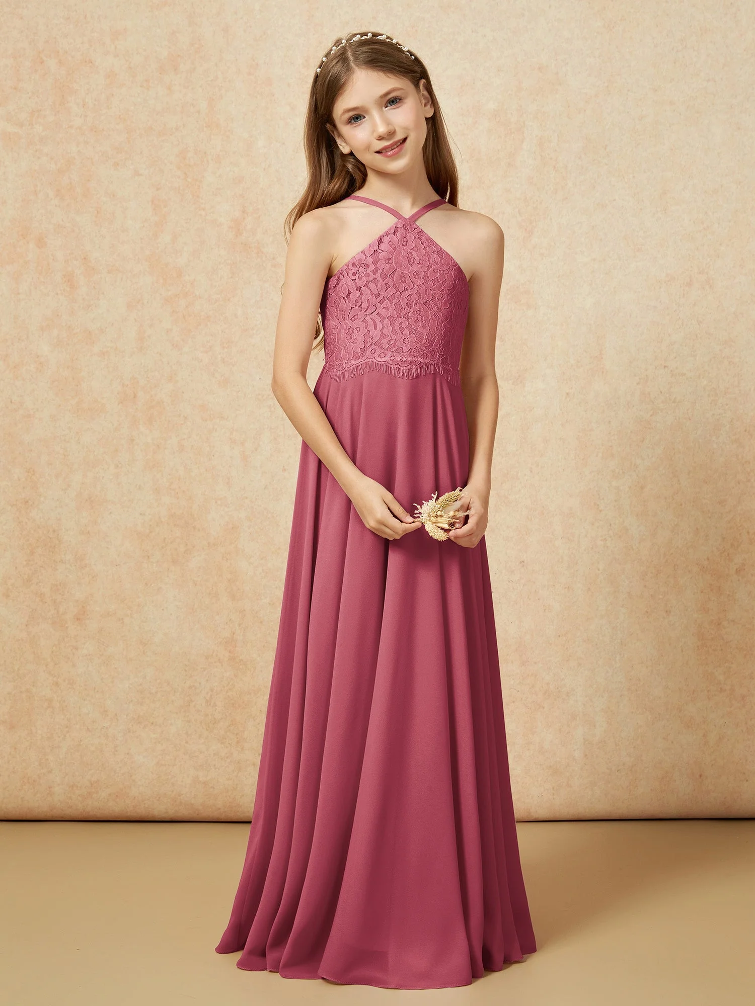 Halshalter Spitzen Oberteil Lang Chiffon Junge Brautjungfernkleider Zimtrose - Image 5