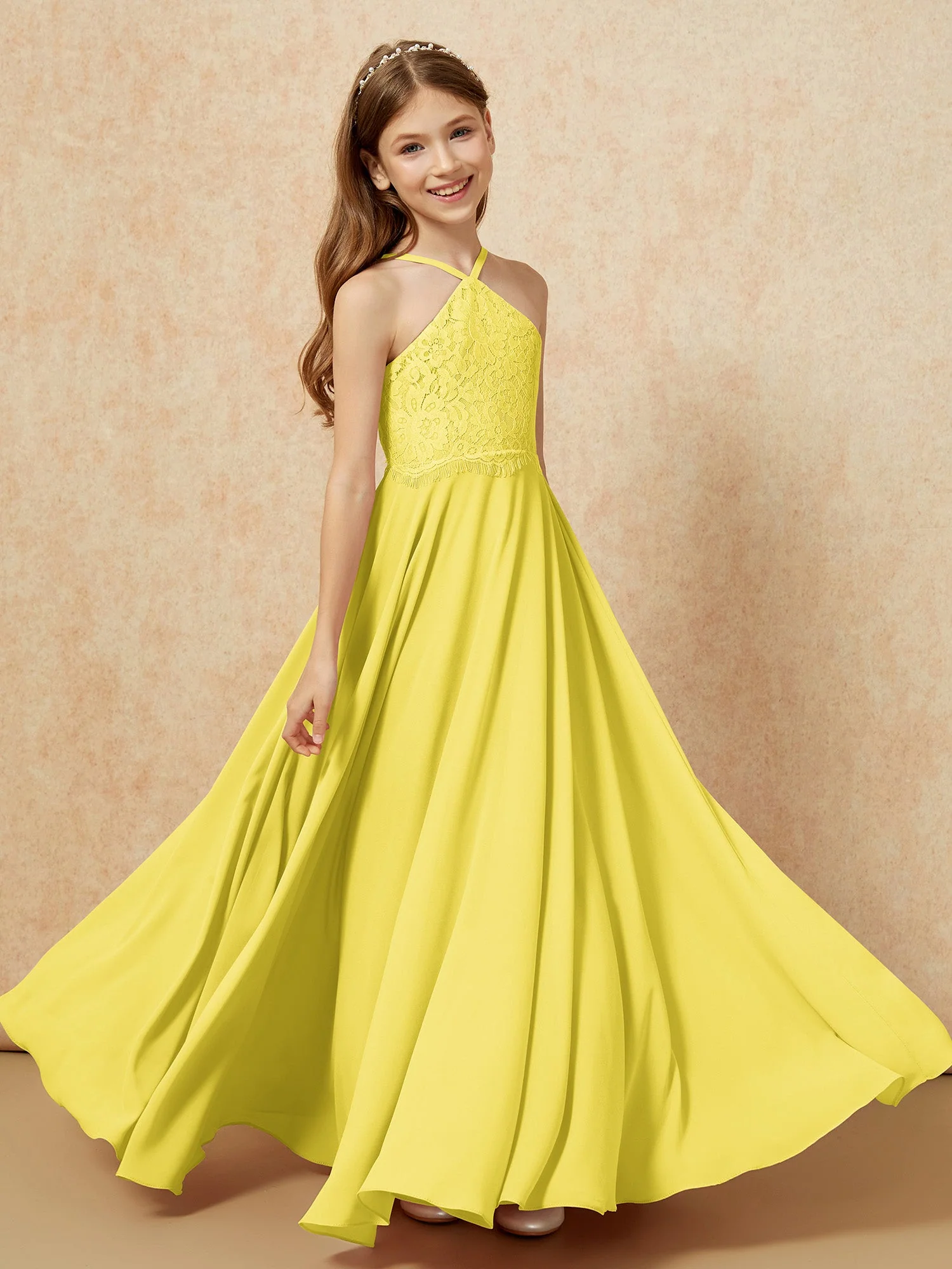 Halshalter Spitzen Oberteil Lang Chiffon Junge Brautjungfernkleider Zitrone - Image 4