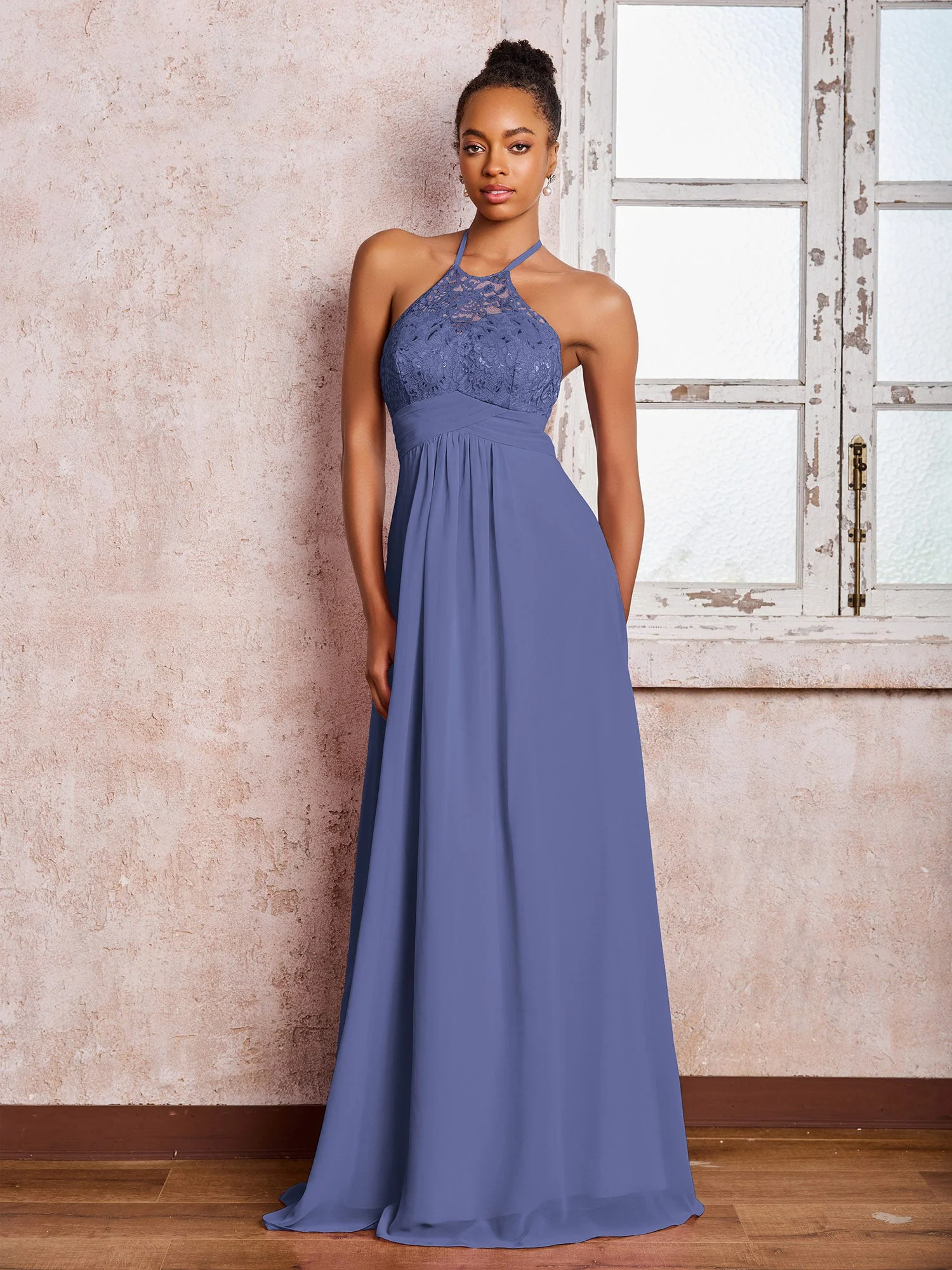 Halshalter Spitzenoberteil Ärmellos Lang Chiffon Kleider Periwinkleblau