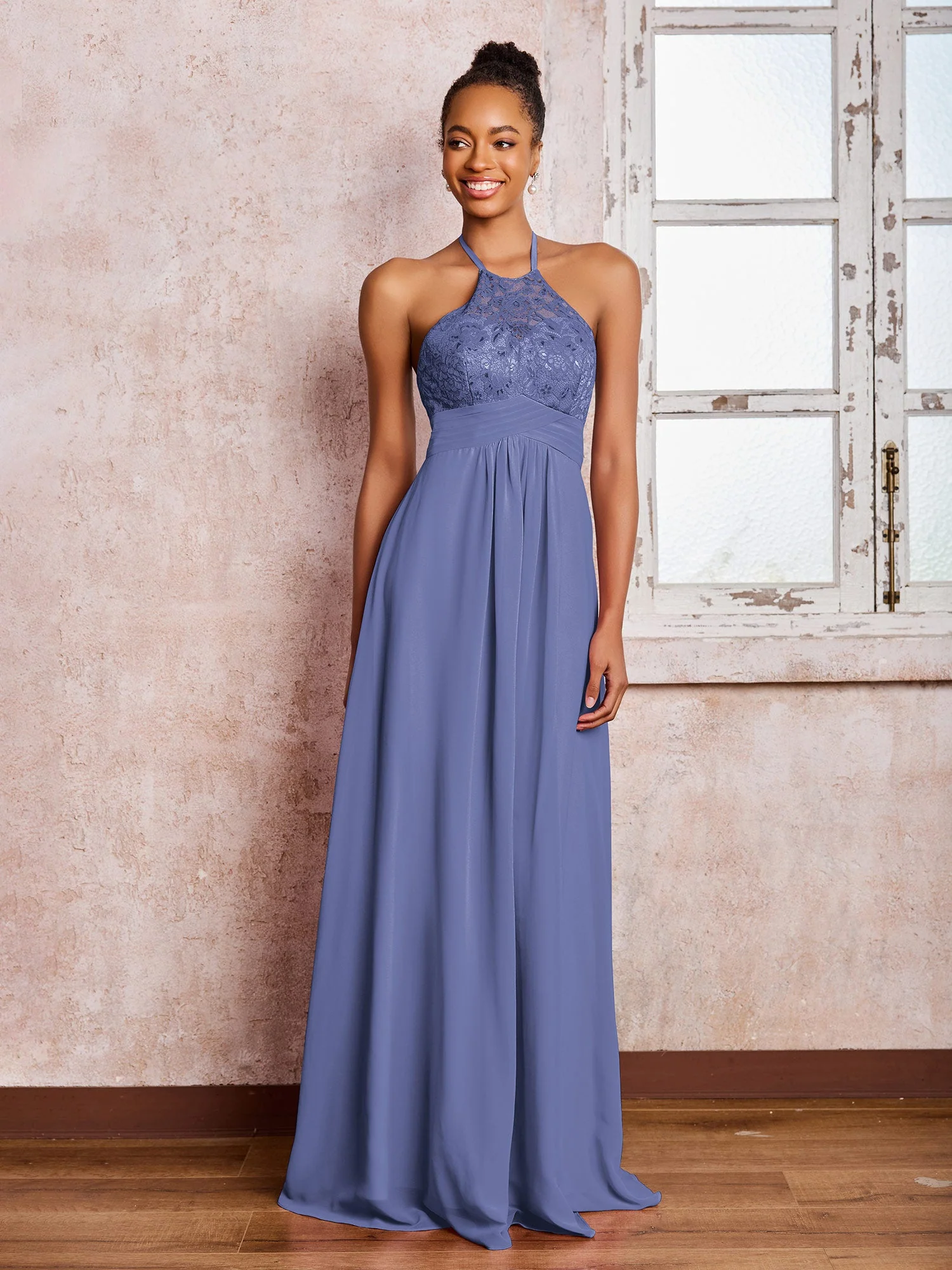 Halshalter Spitzenoberteil Ärmellos Lang Chiffon Kleider Periwinkleblau - Image 3