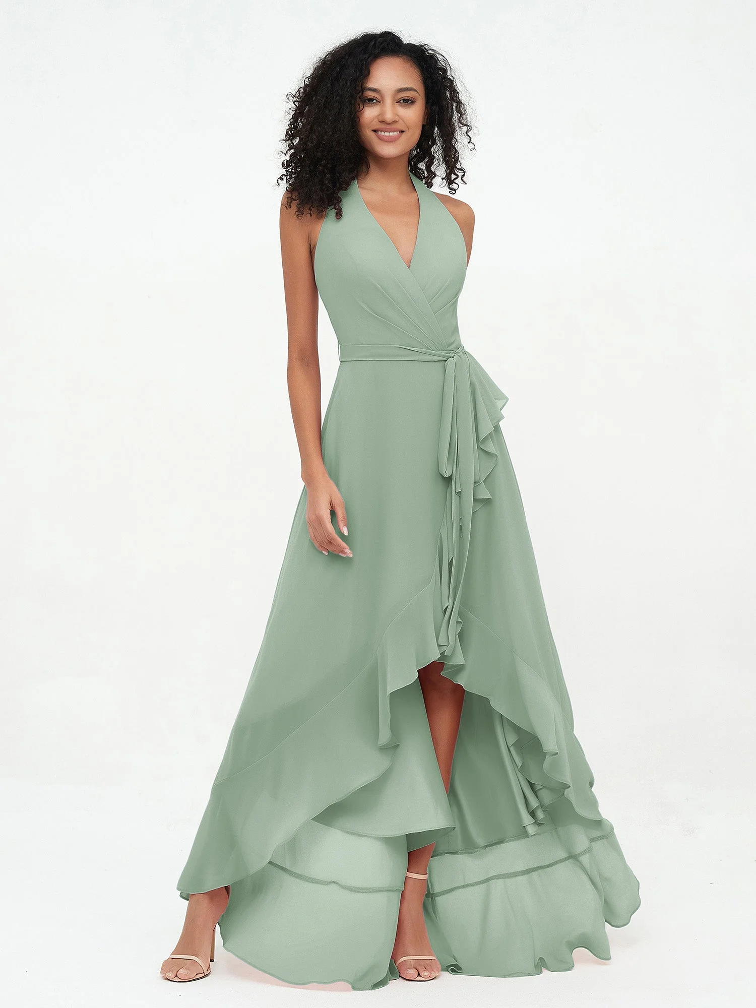 Halshalter Tief V-Ausschnitt Chiffon Asymmetrisch Kleider Agavengrün