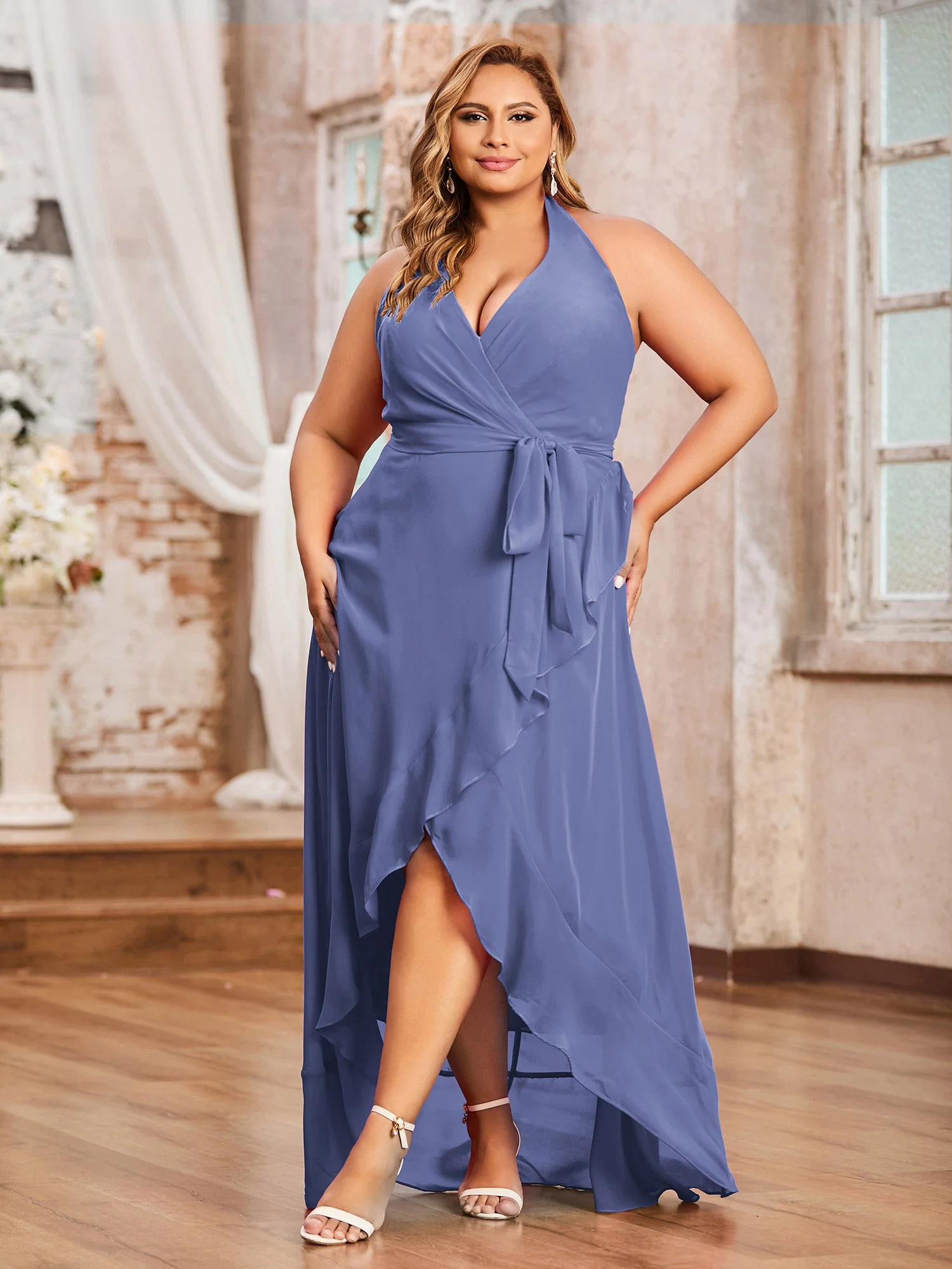 Halshalter Tief V-Ausschnitt Chiffon Asymmetrisch Kleider Periwinkleblau
