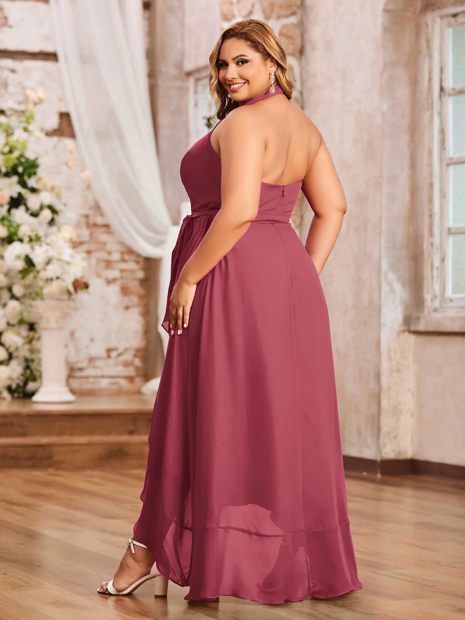 Halshalter Tief V-Ausschnitt Chiffon Asymmetrisch Kleider Zimtrose - Image 2