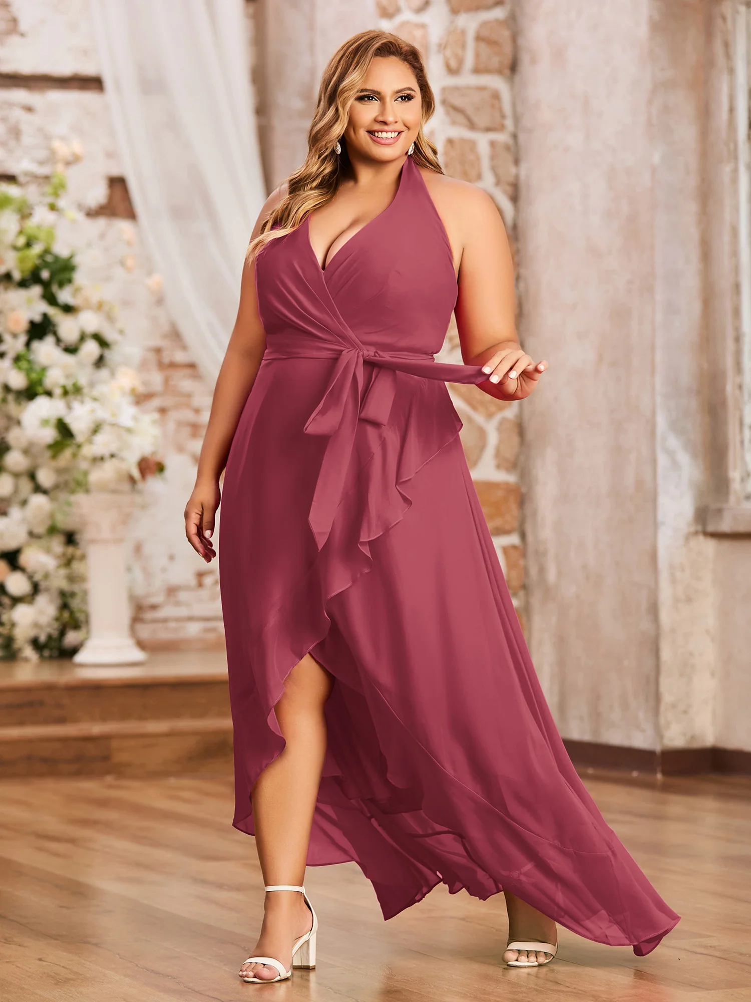 Halshalter Tief V-Ausschnitt Chiffon Asymmetrisch Kleider Zimtrose - Image 3