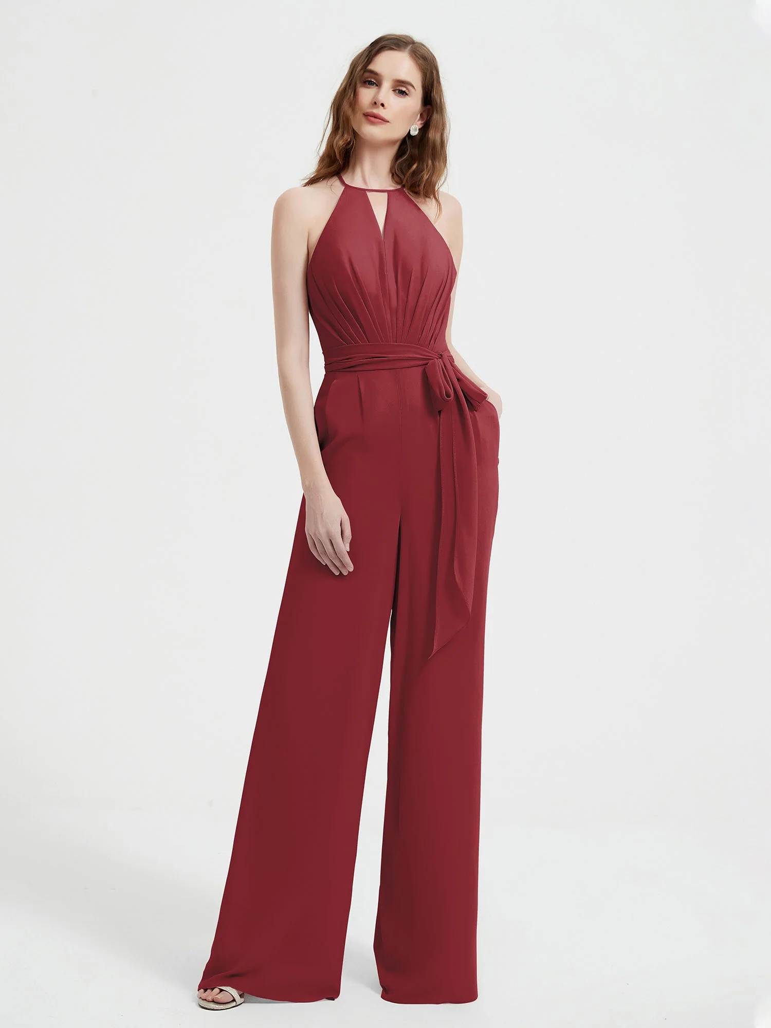 Halter Ausschnitt Ärmellos Jumpsuit mit Gürtel Zimtrose
