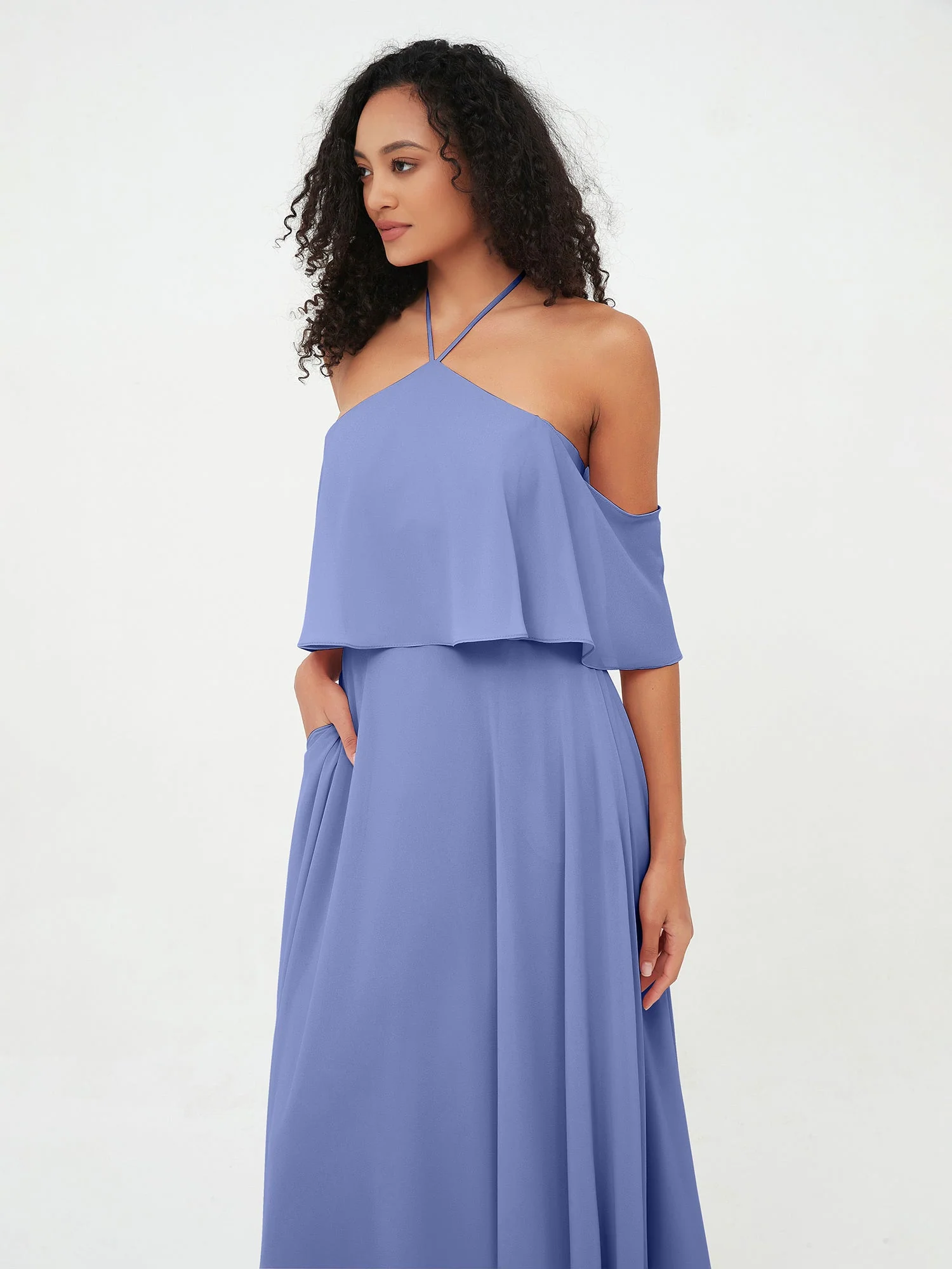 Halter Schulterfrei Chiffon Maxi Kleider mit Taschen Periwinkleblau