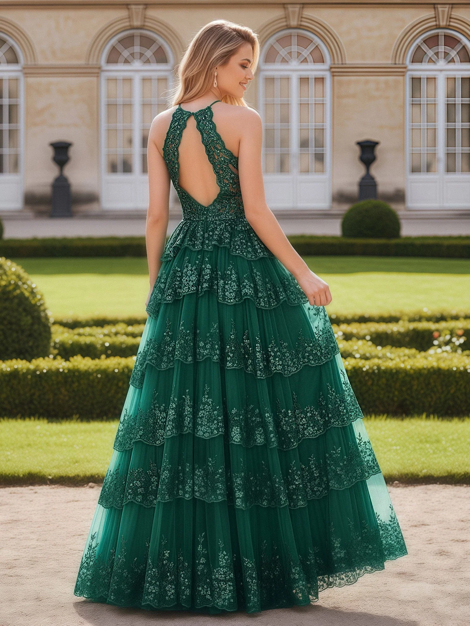 Halshalter Stufen Rock Kleid mit Spitze Detailing Dunkelgrün - Image 2