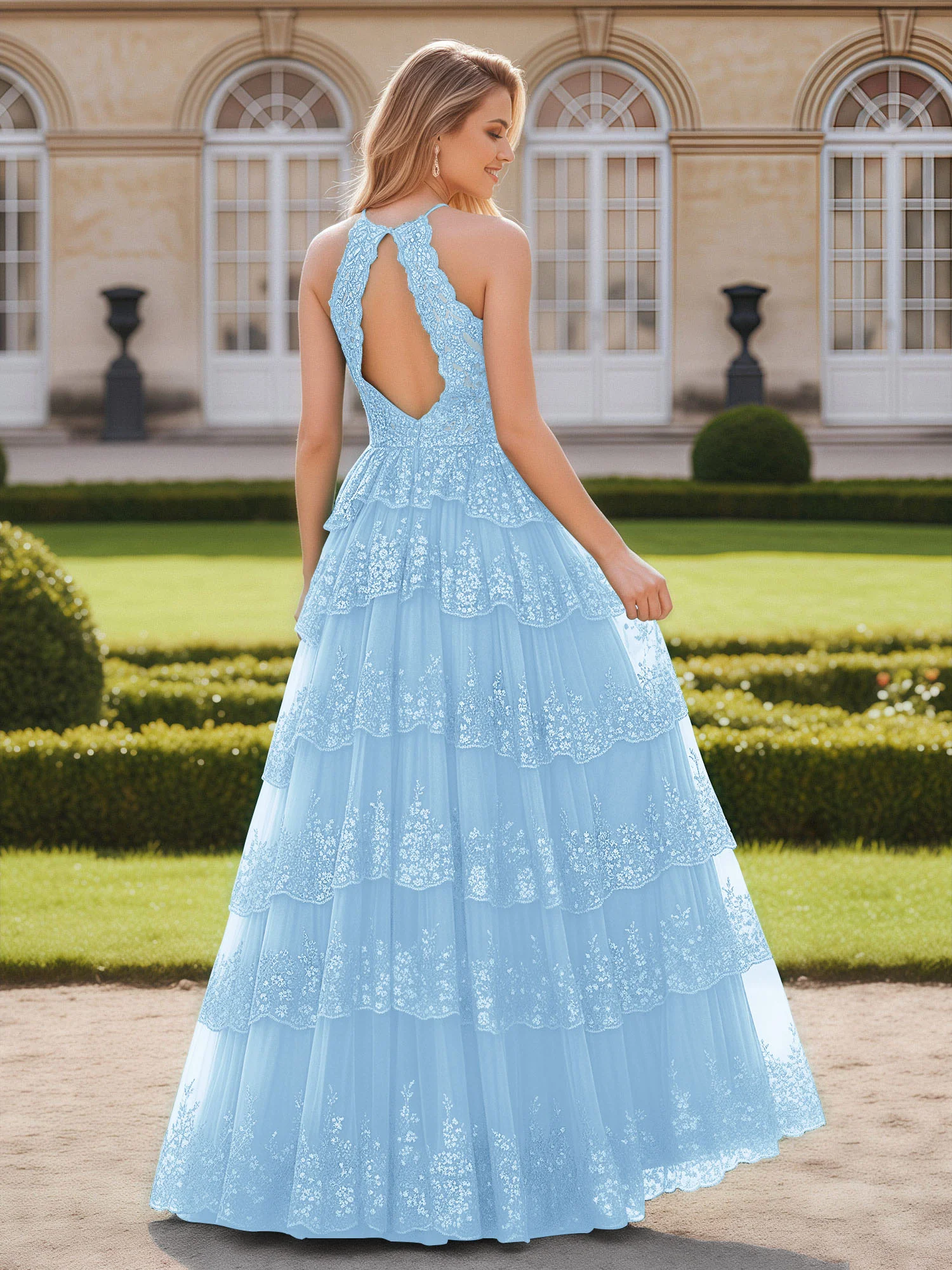 Halshalter Stufen Rock Kleid mit Spitze Detailing Himmelblau - Image 2