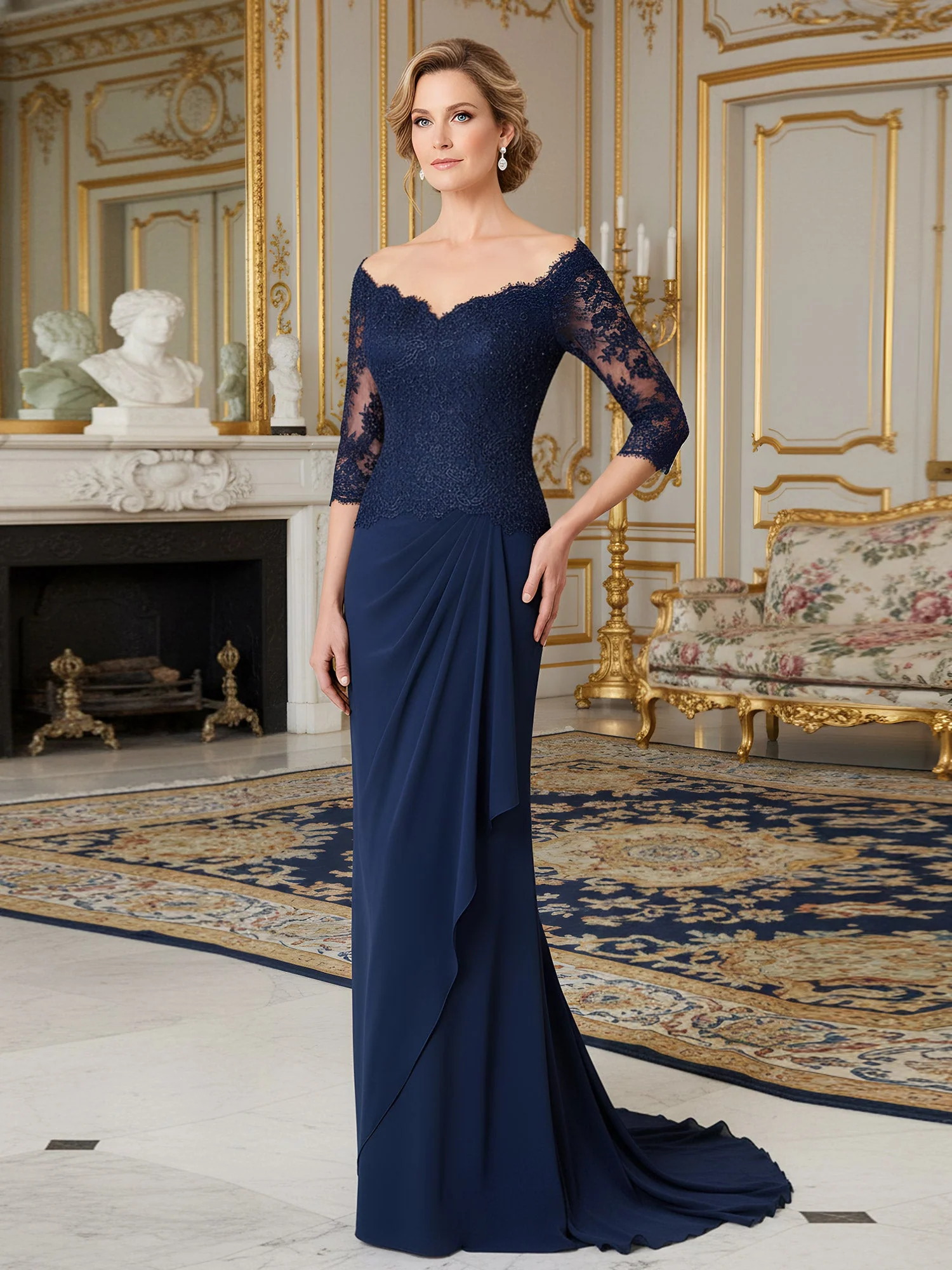 Schulterfrei Spitze Oberteil Kleid mit drapiertem Crepe Rock Marineblau