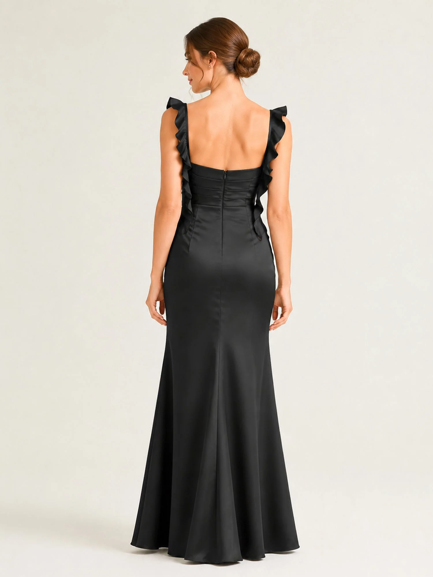 Satin Maxikleid mit Rüschenträgern und Gerafftem Oberteil Silber - Image 2
