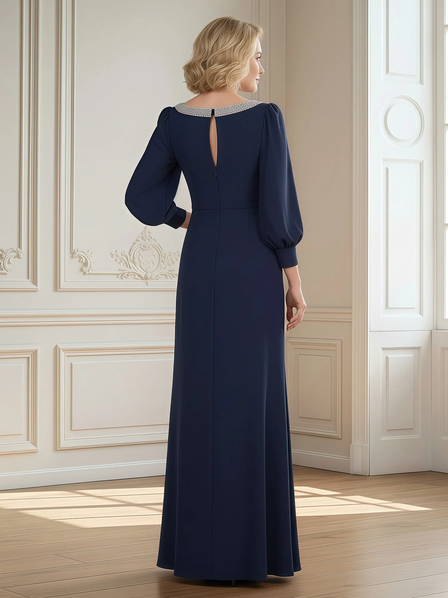 Perlen Bateau Ausschnitt Rüschen Lang Schlitz Kleid Dunkelmarine - Image 2