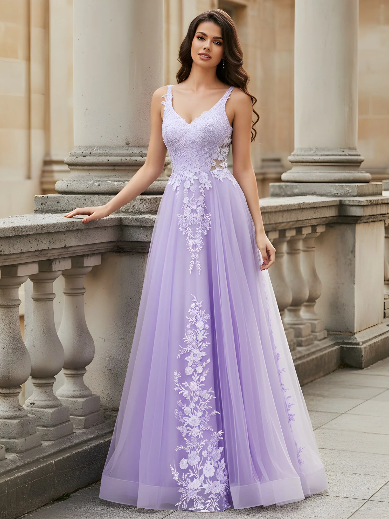V-Ausschnitt Formell Kleid mit schierer Spitze Oberteil Lila