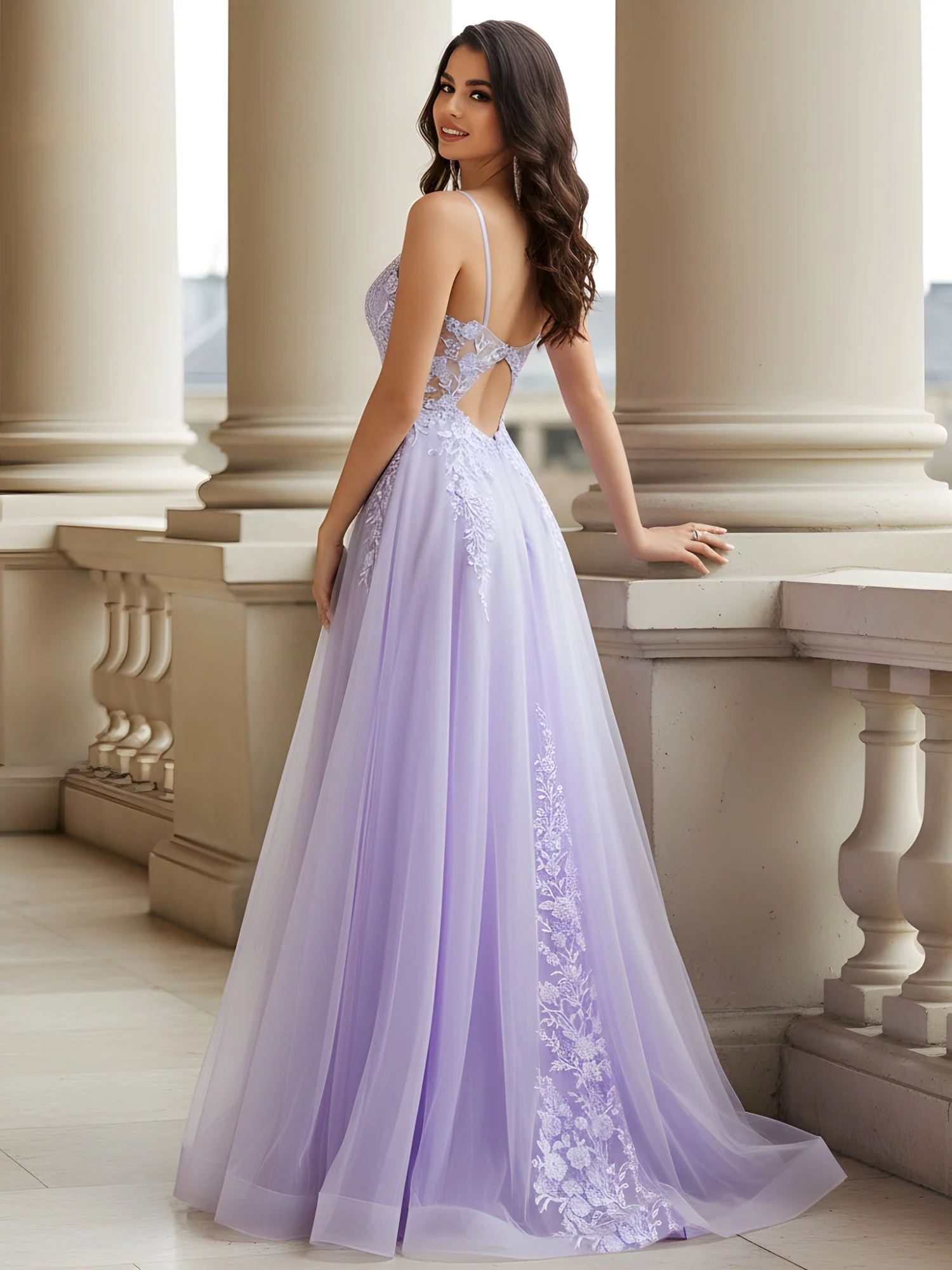 V-Ausschnitt Formell Kleid mit schierer Spitze Oberteil Lila - Image 2
